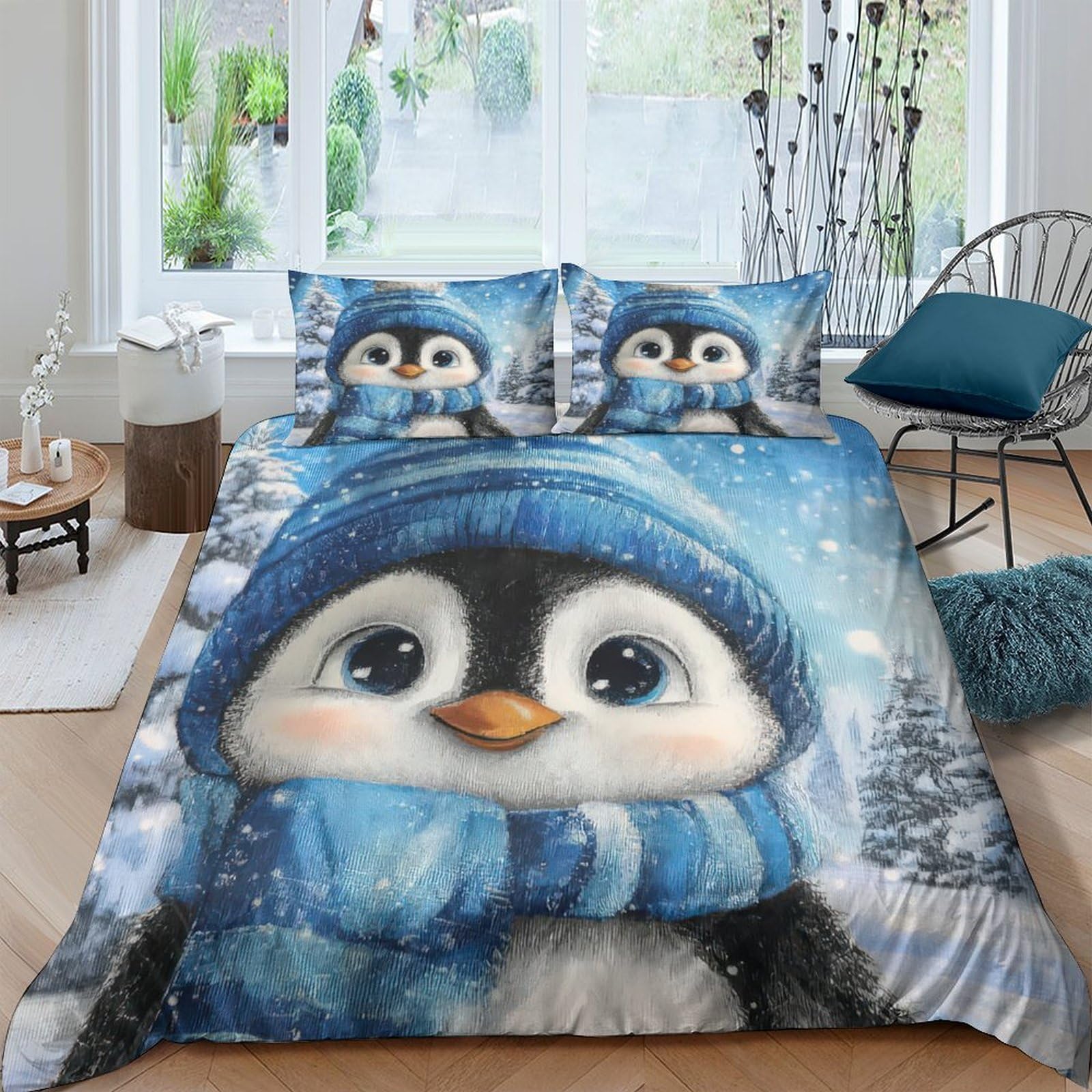 Ctjqhvkz Style-8 3D Printed Cute Penguin Fitted Sheet Microfiber Blue Winter Cartoon Bed Cover For Bedroom Guest Room Home Decor 118 Single（135X200cm）