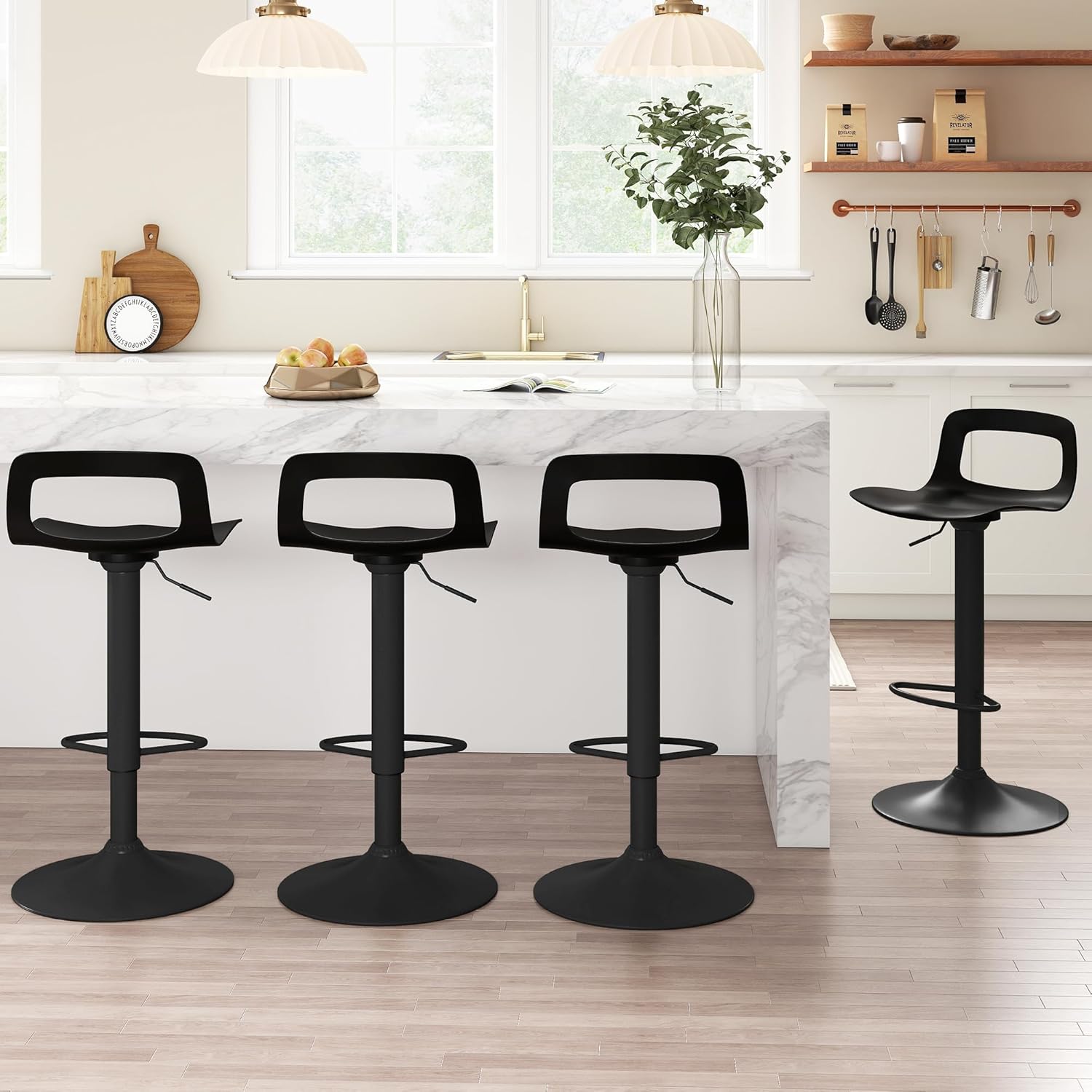 thksbought Bar Stools Set of 2, Adjustable Plastic Swivel Barstools, Modern Counter Stools with Open-Back and Footrest, Counter Height Barstools for Bar, Kitchen and Dining Room (Matte Black)