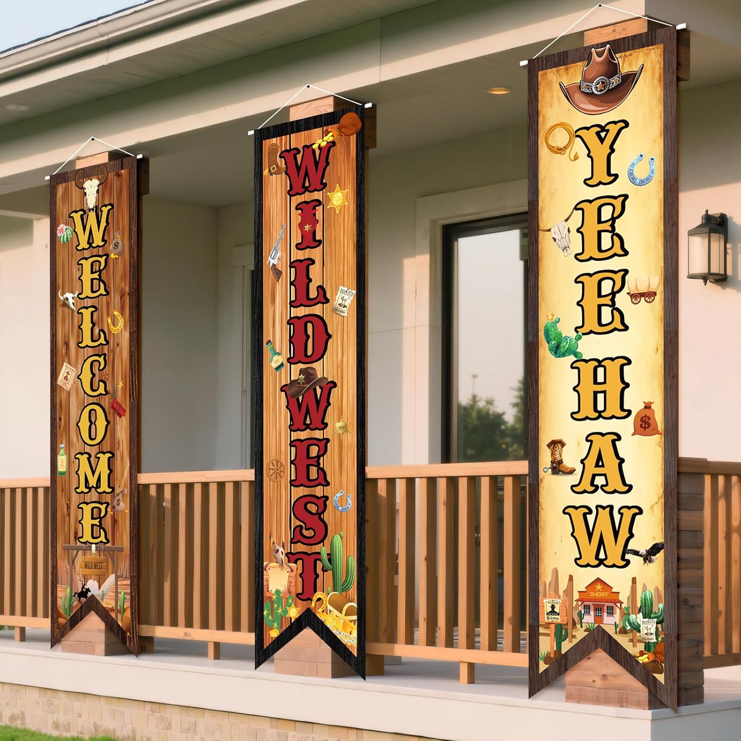 3Pcs Western Party Decorations Cowboy Porch Banners, Wild West Hanging Decor Yeehaw Welcome Banner Porch Sign Backdrops for Rodeo Western Birthday Baby Shower Party Supplies Favors Indoor Outdoor