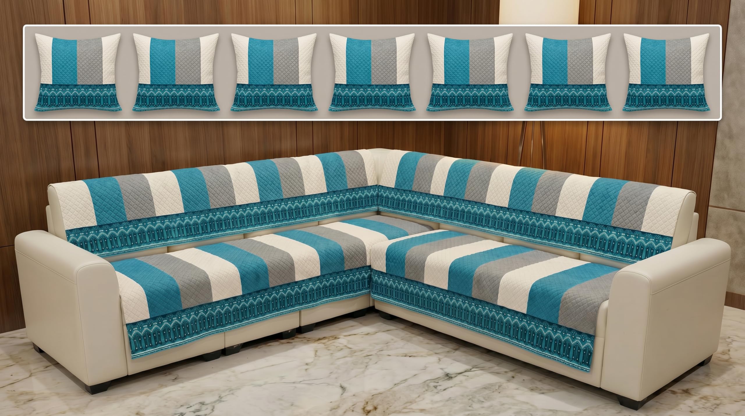 Designer Sofa Cover L Shape 7 Seater with Matching Cushion Cover 16x16 inch - Aqua Grey Stripe 4+3 Seater (7 Seater) Quilted Sofa Cover Set Pack of 12, Washable, Aqua Grey White-image-15