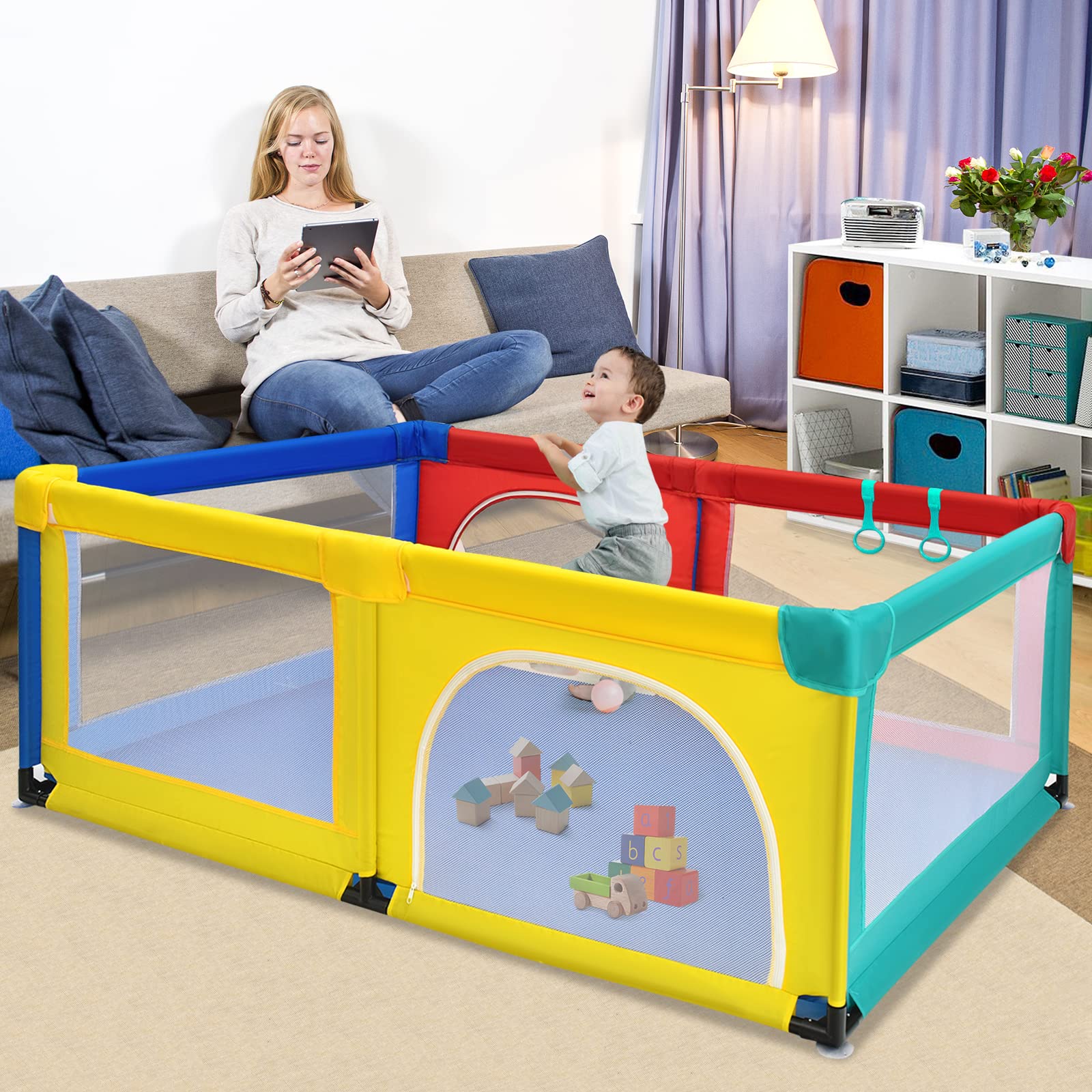 RELAX4LIFE Box per Bambini con 50 Palline,2 Anelli,2 Entrate Laterali con Chiusura Lampo,Rete Traspirante, Centro di Attività (Colorato, 190x120cm)