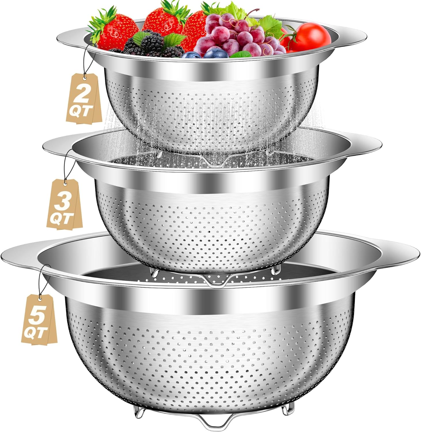 Colander, Stainless Steel Colander for Kitchen, 3Pcs Kitchen Gadget Food Strainer Basket with Handle, Kitchen Strainer Colanders Bowl for Pasta Noodles Spaghetti Vegetables Fruit (2QT, 3QT, 5QT)