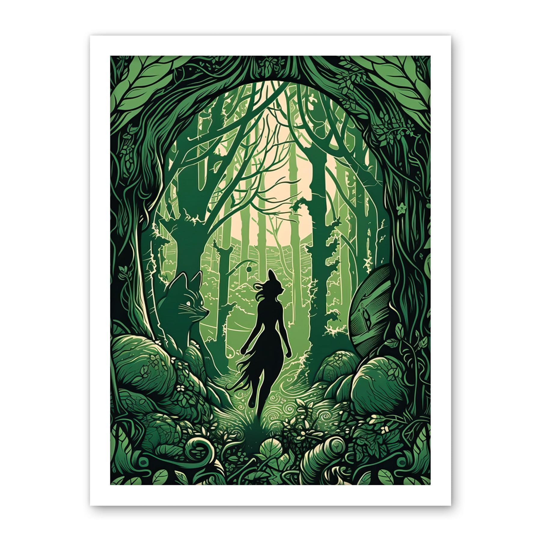 Artery8 Anthropomorphic Fox Silhouette Forest Art Nouveau Artwork Framed Wall Art Print 18X24 Inch
