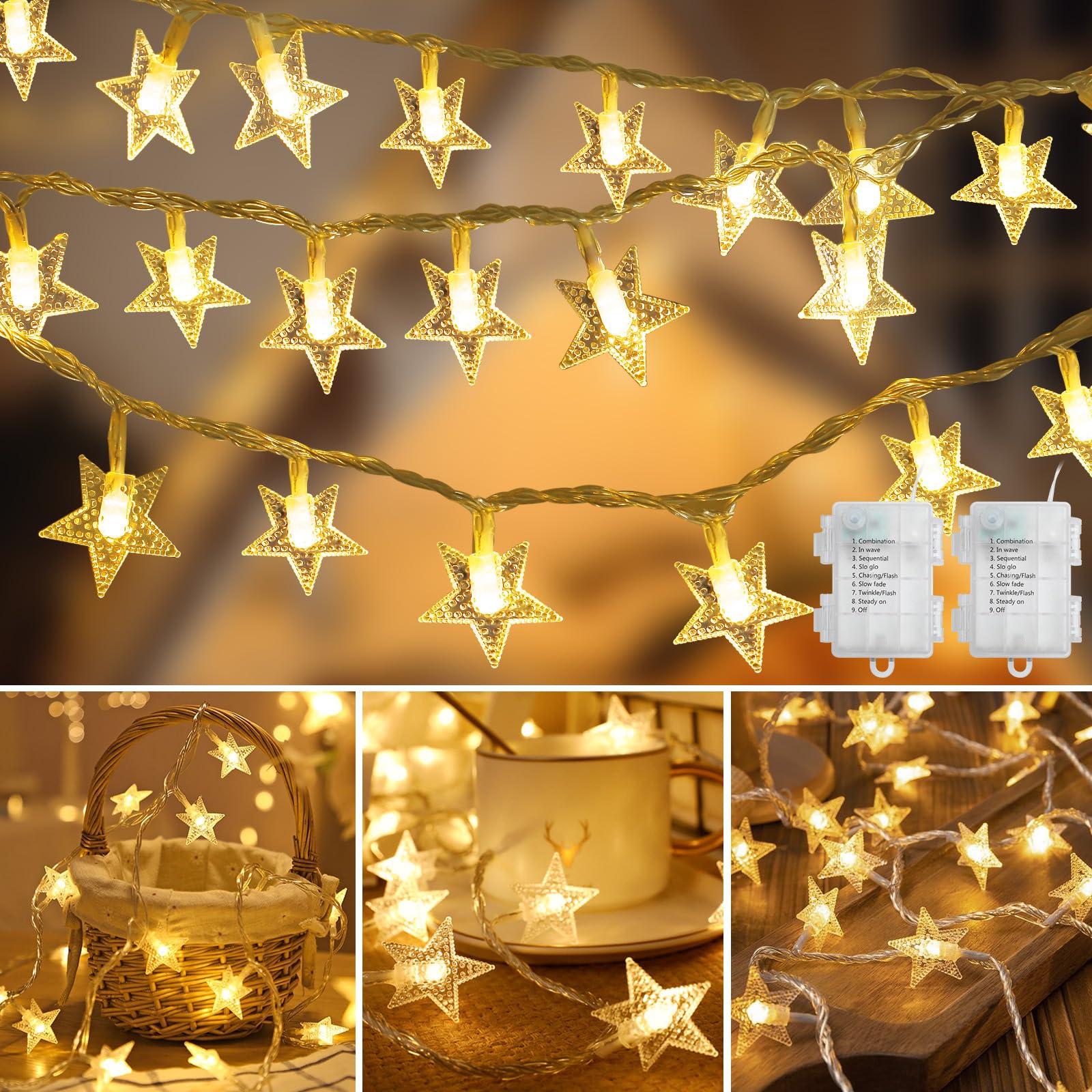 Coomoors 2 PCS Cadenas de Luces de Estrellas con 8 Modos, 6, 4M 40 Cadena de Light LED con Batería, Impermeable Luces Navidad Light de Hadas para Jarra, Jardín, Interior y Exterior(Blanco Cálido)