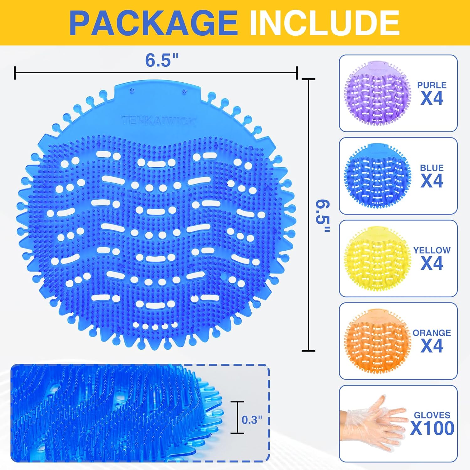 16 pack urinal deodorizer screen with 100 gloves-3d wave anti-splash odor protection urinal cakes for men toilets, four scents urinal mats