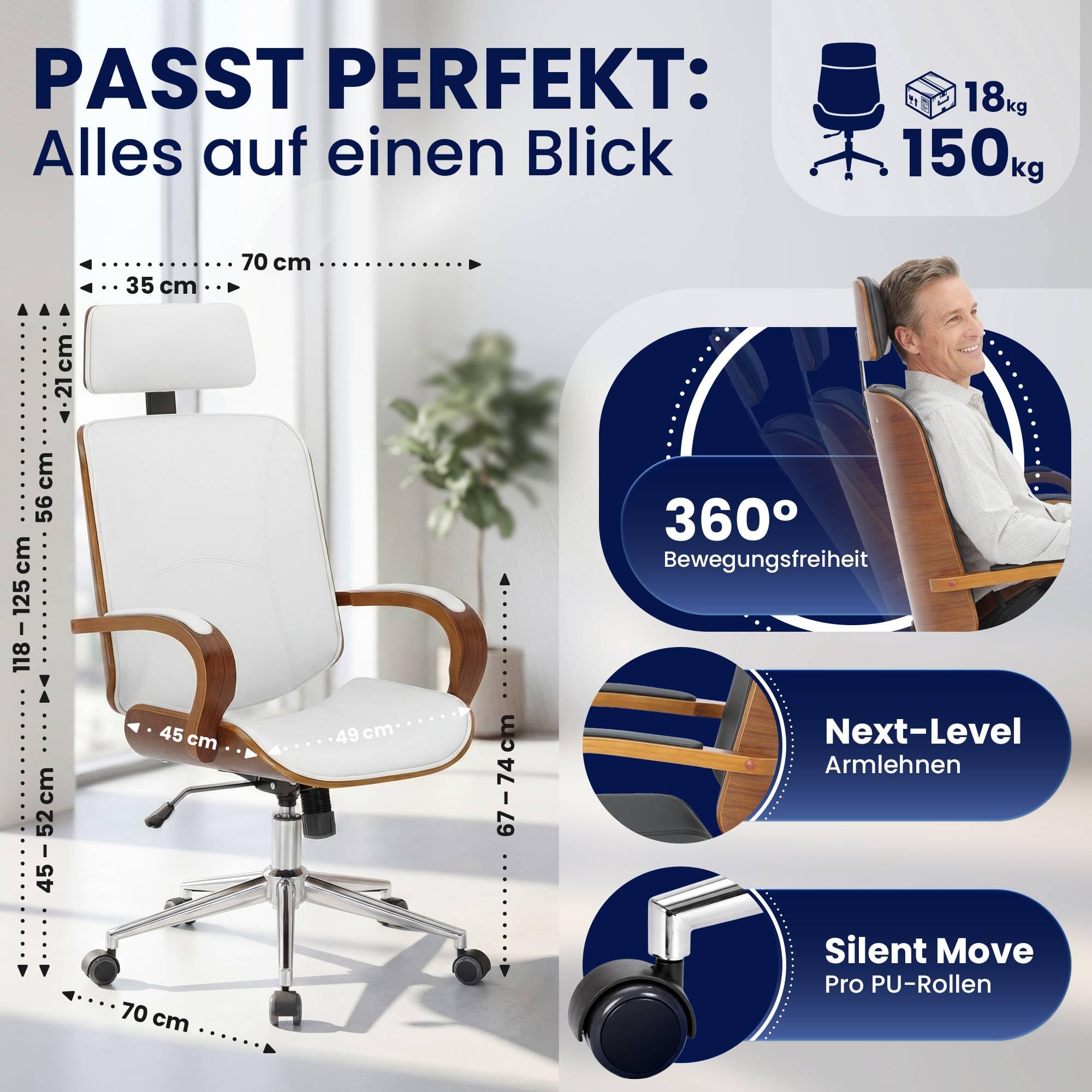 CLP Bürostuhl Dayton mit Kopfstütze, höhenverstellbarer Drehstuhl aus Kunstleder, Wippfunktion belastbar bis 150 kg, Farbe:walnuss/weiß