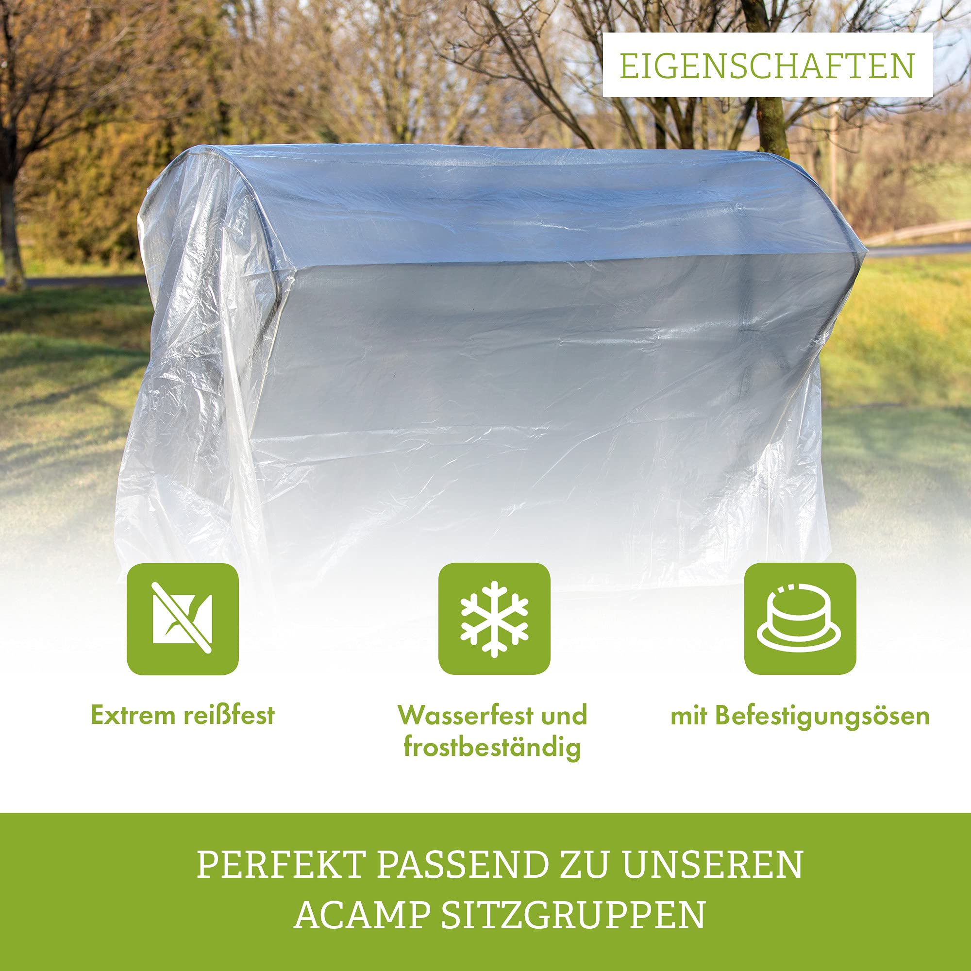 Acamp Hollywoodschaukel Abdeckung 215x155x150 cm|transparent und witterungsfest|optimaler Schutz für Gartenschaukel mit Dach |robustes PE-Bändchengewebe aus Recycling-Material|reißfest und langlebig