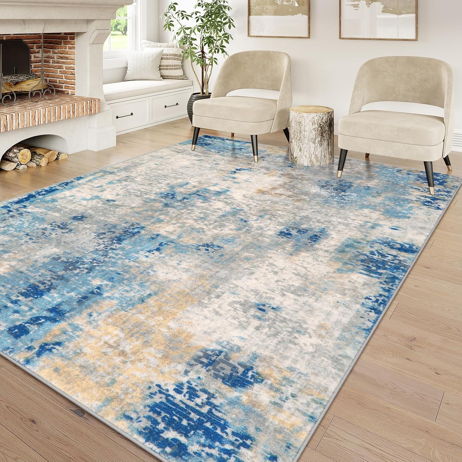Lahome Modern Abstract 6x9 Area Rugs for Living Room, Washable Accent Bedroom Rug Low Pile Stain Resistant, Blue Soft Indoor Contemporary Carpet for Dining Room Table Apartment 6' x 9' Blue/Ivory