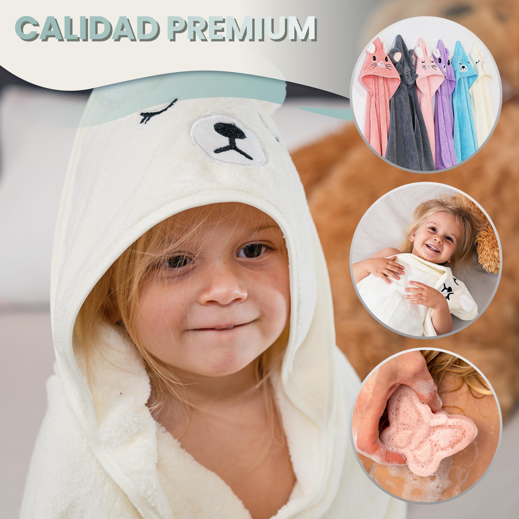 2 Unidades Toalla Bebe Recien Nacido + 1 Esponja Recien Nacido - Toallas con Capucha de Animales 0-3 años - Toalla baño - Esponja Natural - Accesorios Bebes (Blanco/Lila)