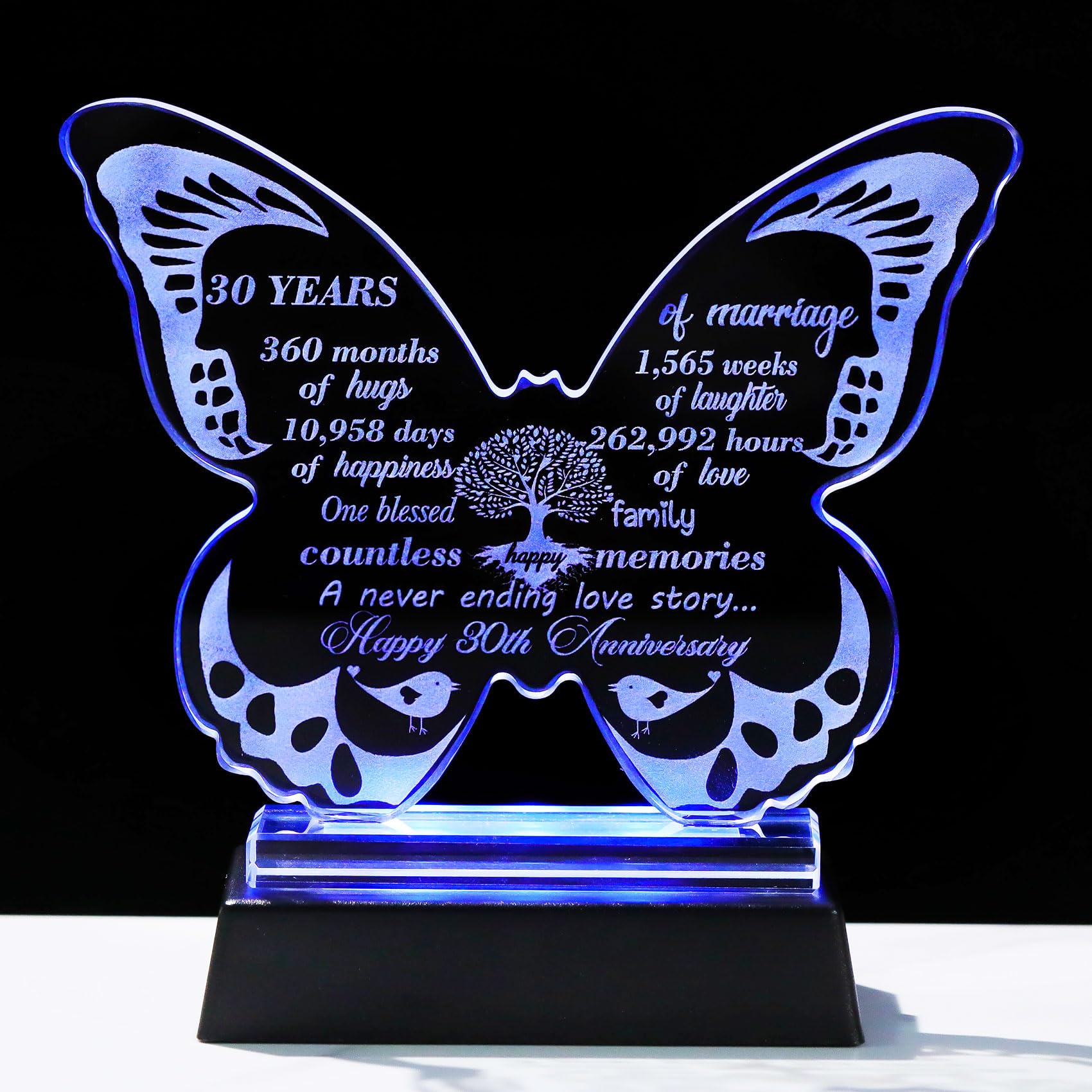 Ornalrist 13.6cm Glass Happy 30th Wedding Anniversary Love Gifts for Parents Couples- 30th Anniversary Butterfly Keepsake with LED Base Home Ornaments