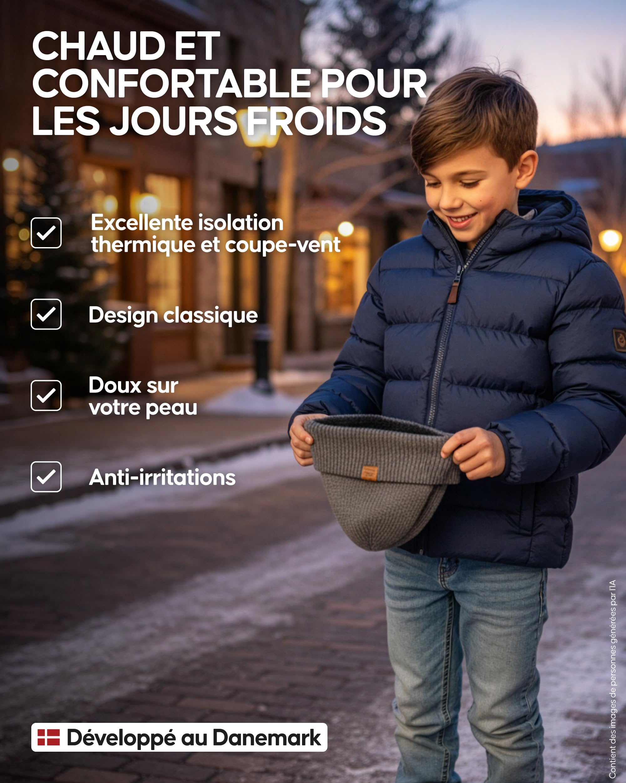 DANISH ENDURANCE Bonnet en Laine mérinos pour Enfants, Doublure Chaude en Polaire, Bonnet Thermique d'automne et d'hiver pour garçons et Filles, tricoté, Unisexe