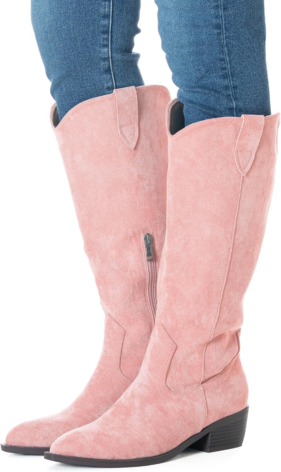 N.N.G Women Knee High Boots,Faux Suede,Black Brown Stone Red Pink,Western Style,2-Inch Block Heel, Pointed Toe,Side Zip,Fashion Winter Boots for Casual and Evening Wear