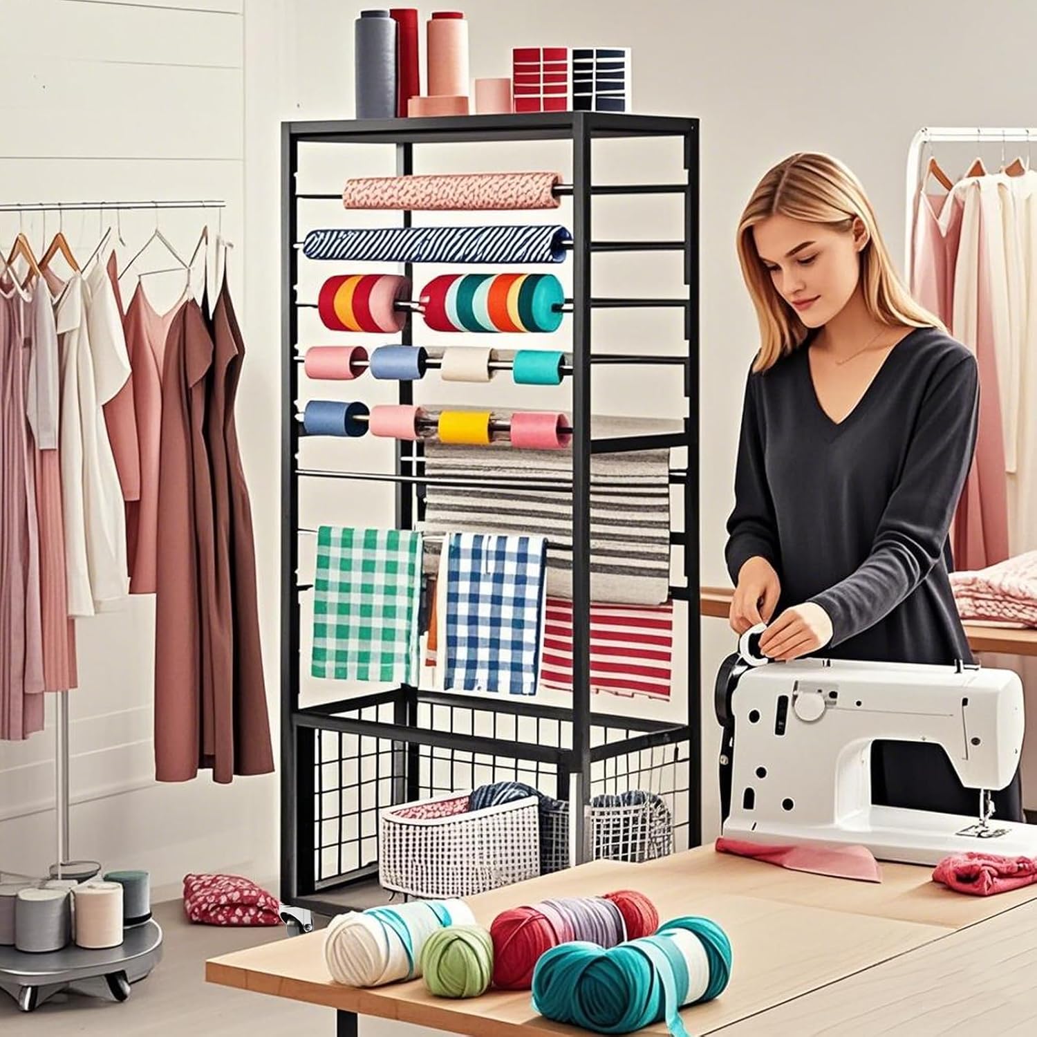 16 Tier Ribbon Holder Rack, Multifunctional Flower Wrapping Paper Rack,Double-Sided Ribbon Spool Shelf Suitable for Flower Shop, Craft Room, Cake Shop Ribbon Display Stand (Black)