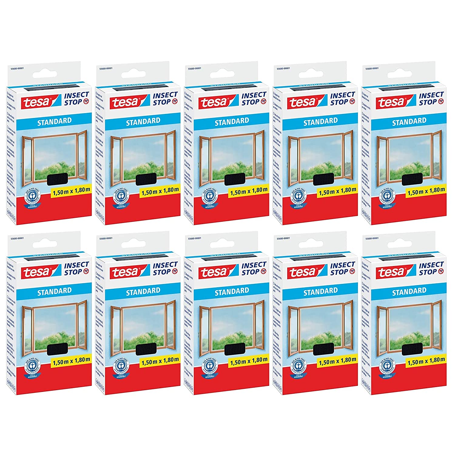 TESA Pack of 10 Standard Mosquito Nets for Windows, 1.5 m x 1.8 m, Anthracite