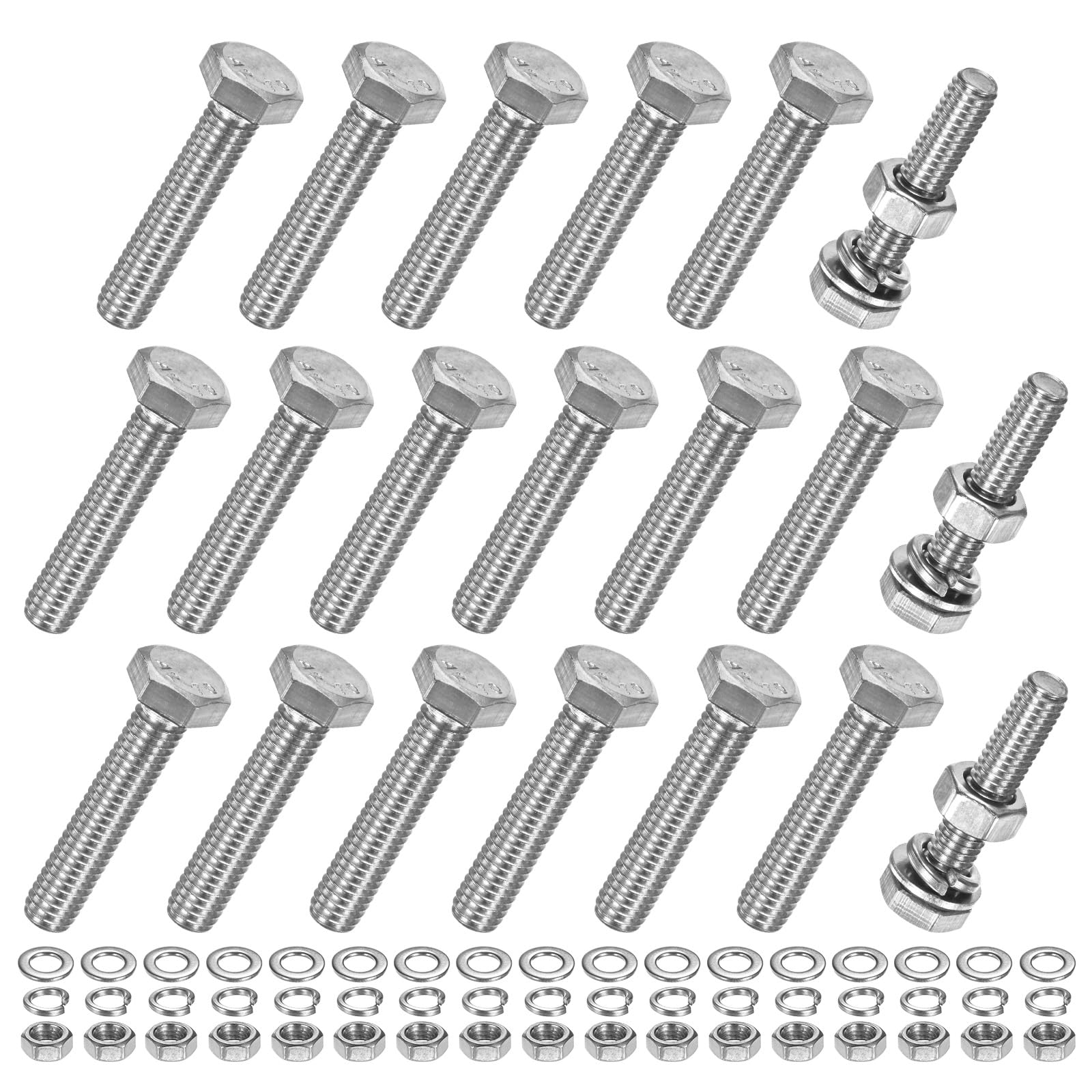 M METERXITY 20-Pack Hex Head Screw Bolt with Nuts Flat & Lock Washers M6x30mm Stainless Steel Bolts and Nuts Kit Fully Threaded Metric Bolt Assortment for Equipment/Machinery