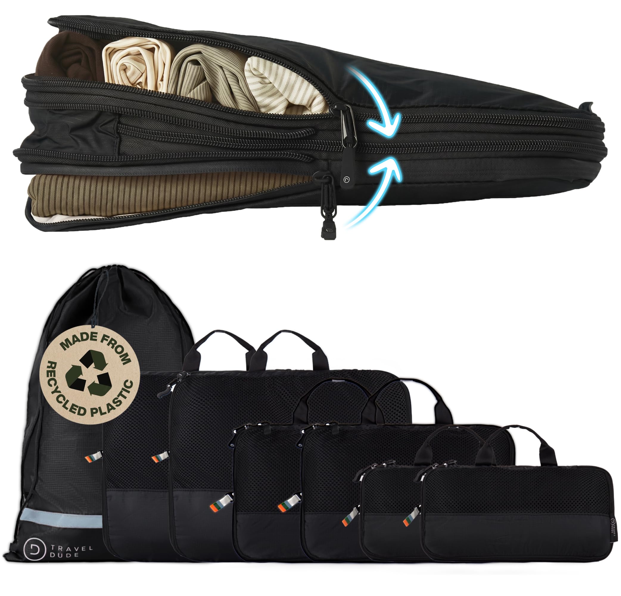 TRAVEL DUDE Organizador Maleta con Compresión – Packing Cubes de Viaje, Bolsas Organizadoras Maleta para Ropa, Organizadores de Maletas y Mochila de Viaje (Negro, 7 piezas)