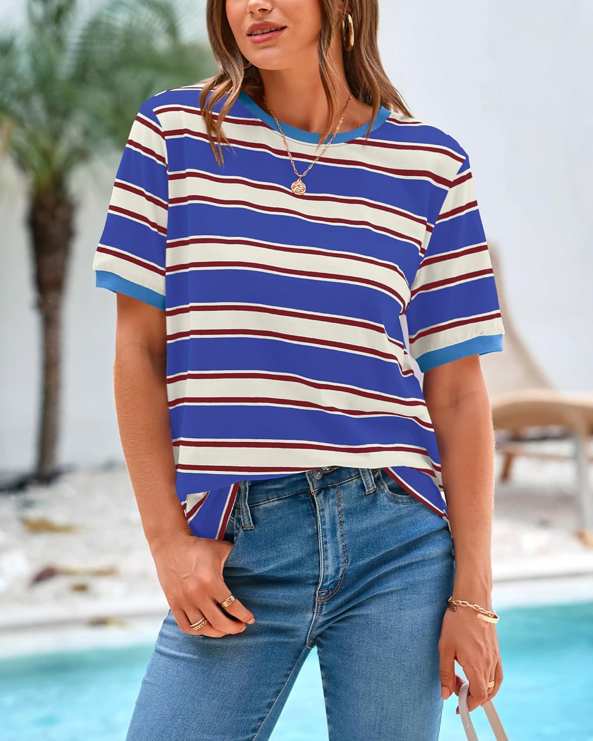 BTFBM Summer Tops for Women 2026 Crewneck Short Sleeve Striped T Shirts Casual Spring Clothes Color Block Basic Tee Blouses - Image 2