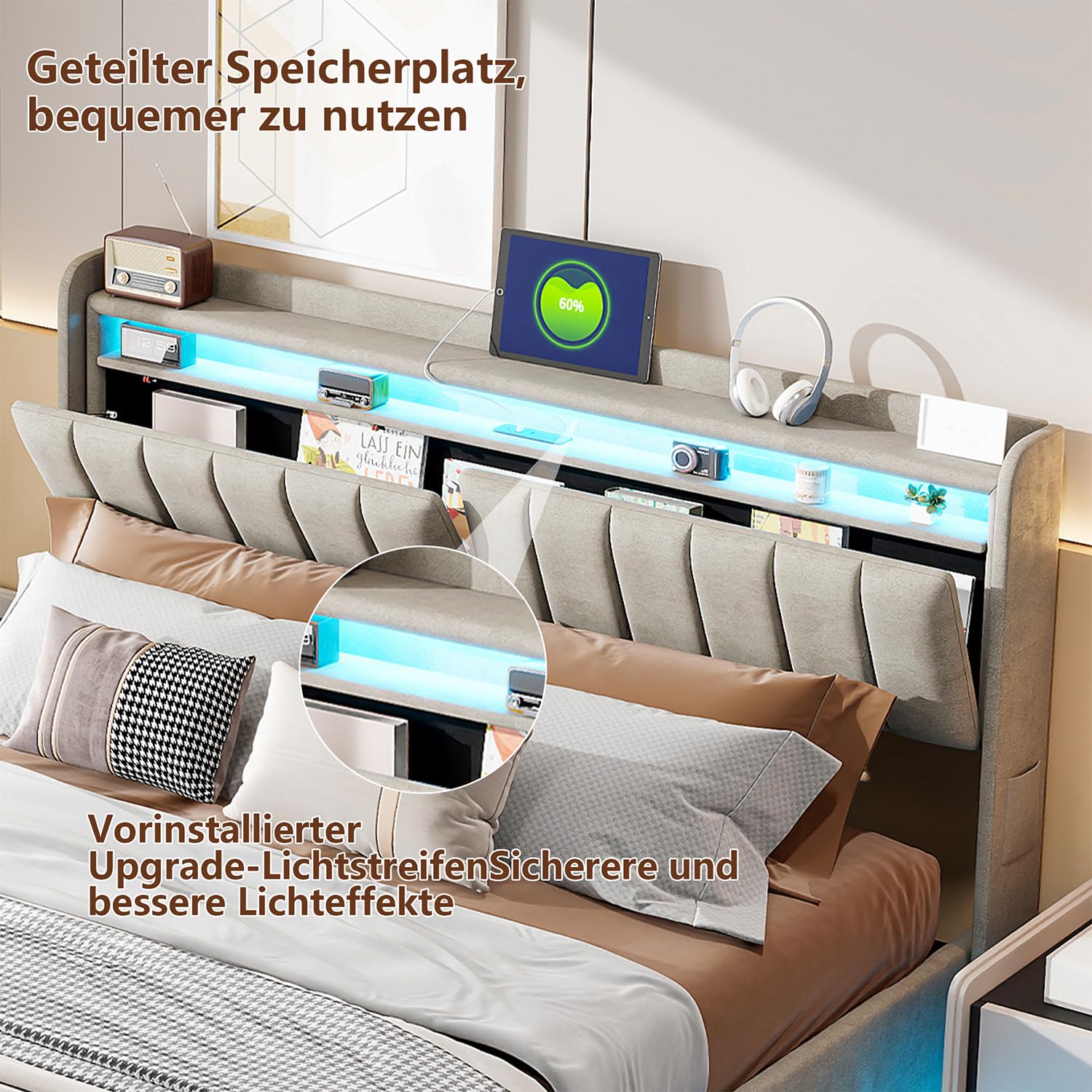 Letto Matrimoniale 140x190cm con LED, Contenitore Pneumatico e Ricarica USB - Struttura Rinforzata Doghe, Tessuto velvet, No Base Elastica (Grigio Velluto, 140x190)
