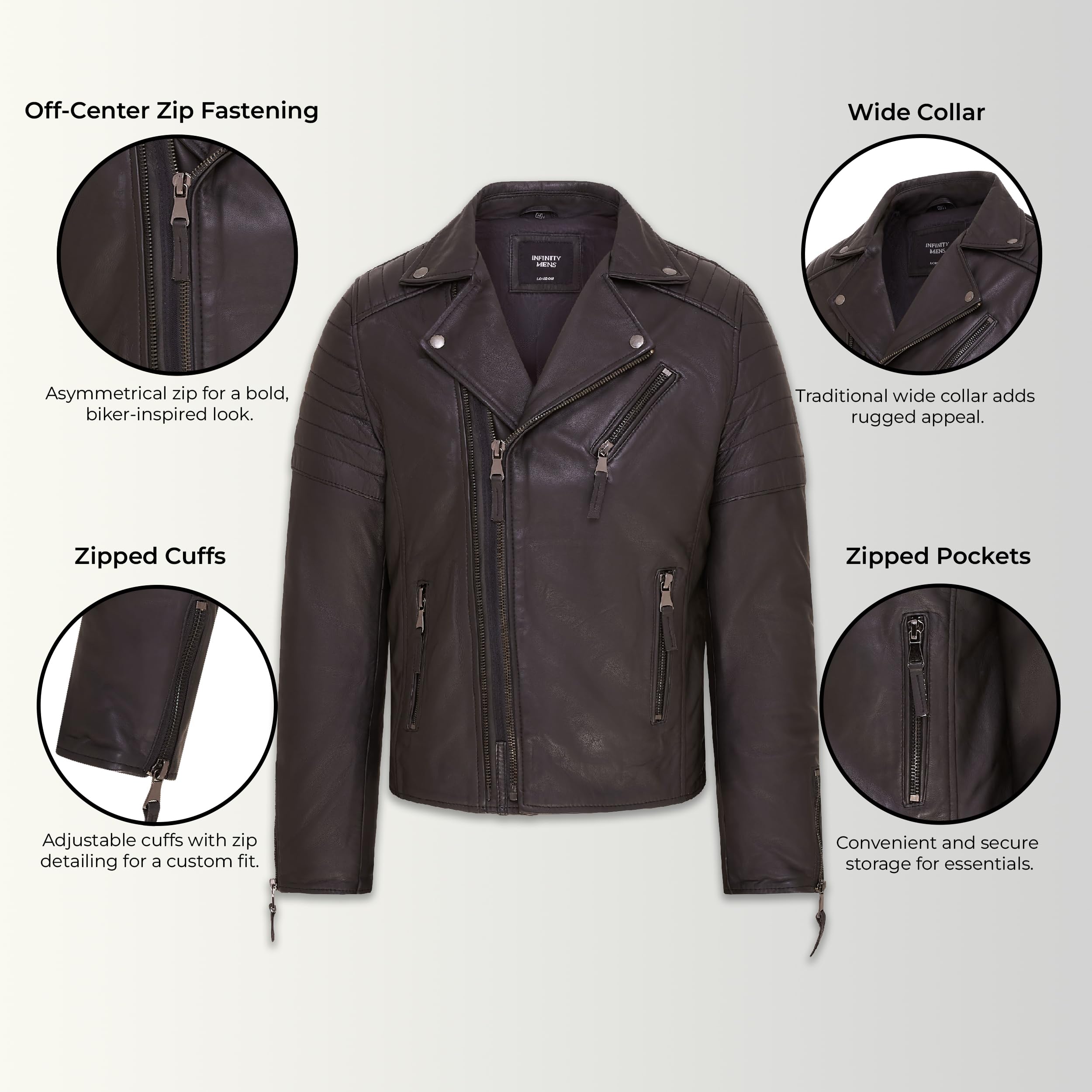 Infinity Leather Chaqueta Motera de Cuero 100% Con Cremallera Cruzada Doble Estilo Brando Entallada Para Hombre