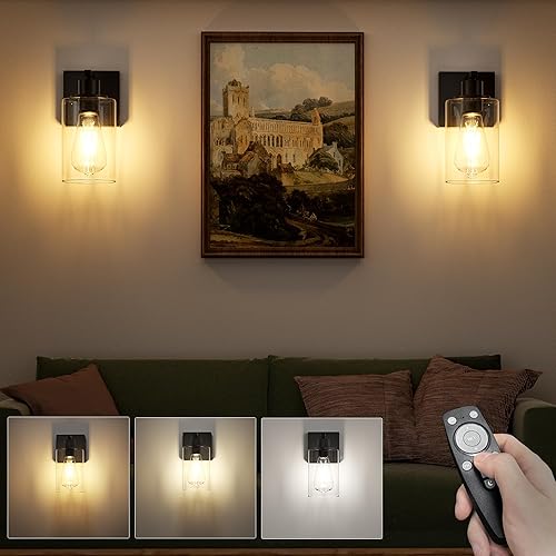Battery Operated Wall Sconce Set of Two with Remote Wall Light Rechargeable Wireless Cordless Led Glass Wall Lamp Indoor with 3 Color Temperature Dimmable E26 Edison Bulbs for Bedroom Bathroom Hallway