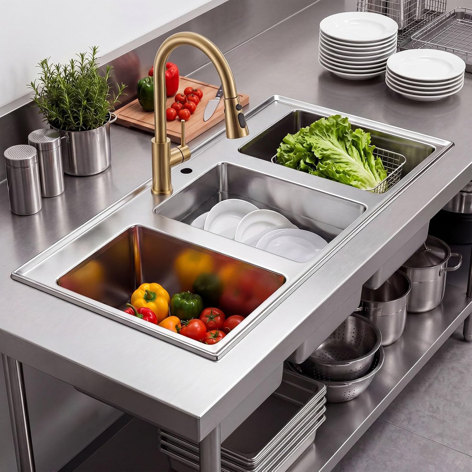 BreezeHug Commercial Stainless Steel 3 Compartment Drop-in Sink, 36" x 18"