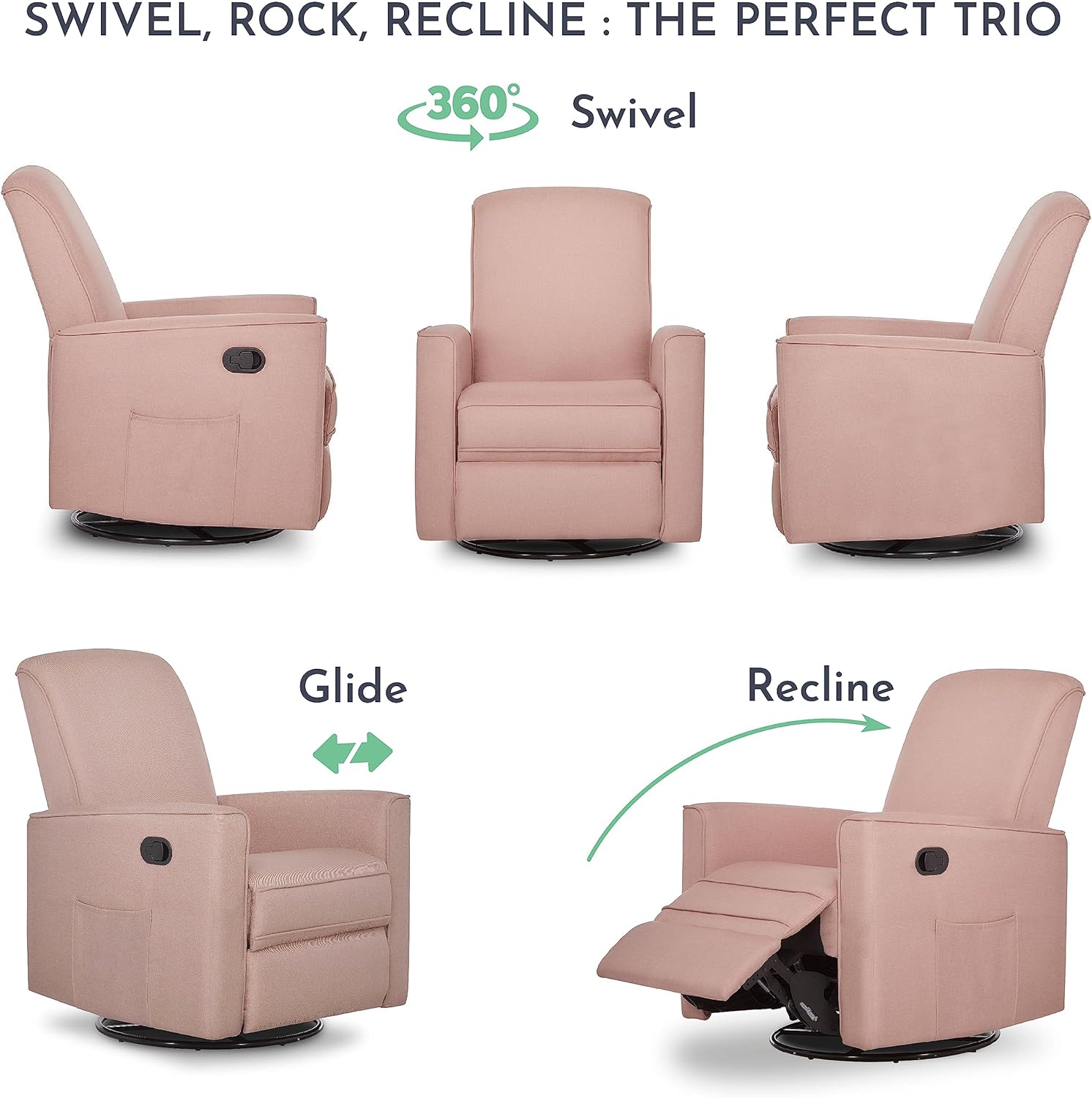 Evolur Raleigh Basic Glider, Recliner and Rocker in Pink