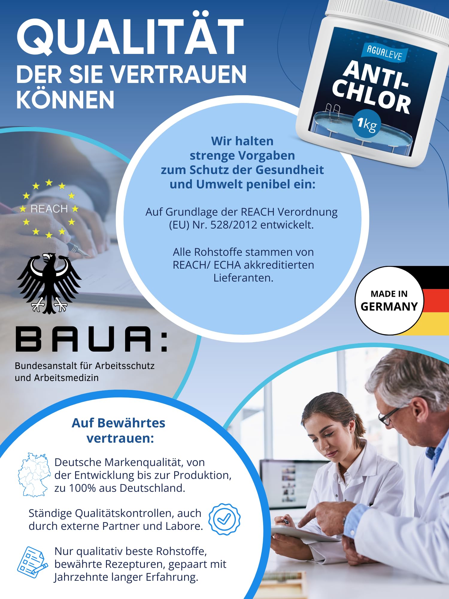 AGUALEVE® Antichlor 1kg | Reduziert BZW. eliminiert Chlor präzise und schnell | für Pools, Aufstellpools, Whirlpools jeder Art und Größe | Markenqualität Made in Germany | mit Note 1,2 getestet