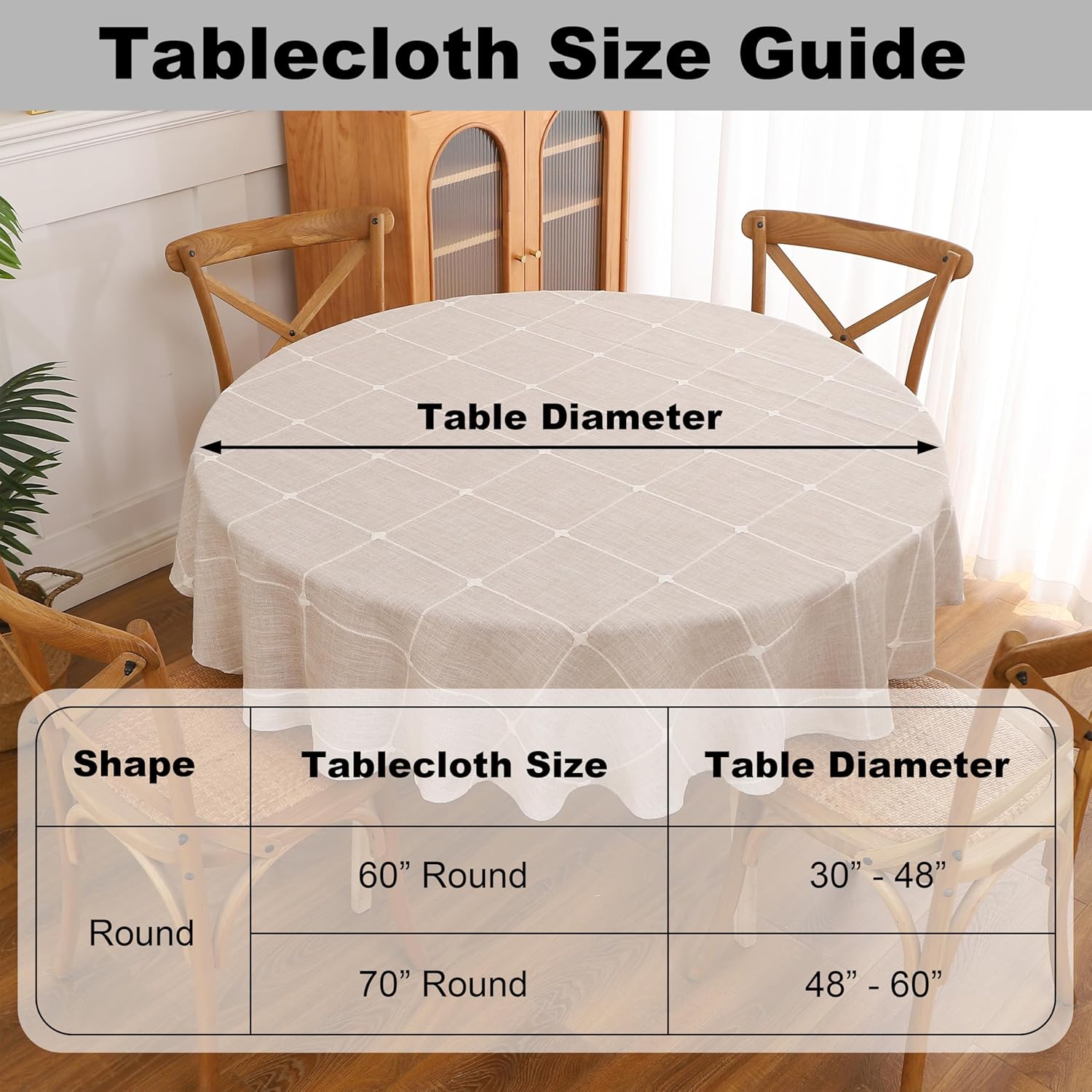 Gernaice Plaid 90 Inch Large Round Tablecloth, Farmhouse Embroidered Fabric Checkered Table Cloth, Dust Proof Wrinkle Free Washable Table Cover for Party Kitchen Dining Picnic, Brown