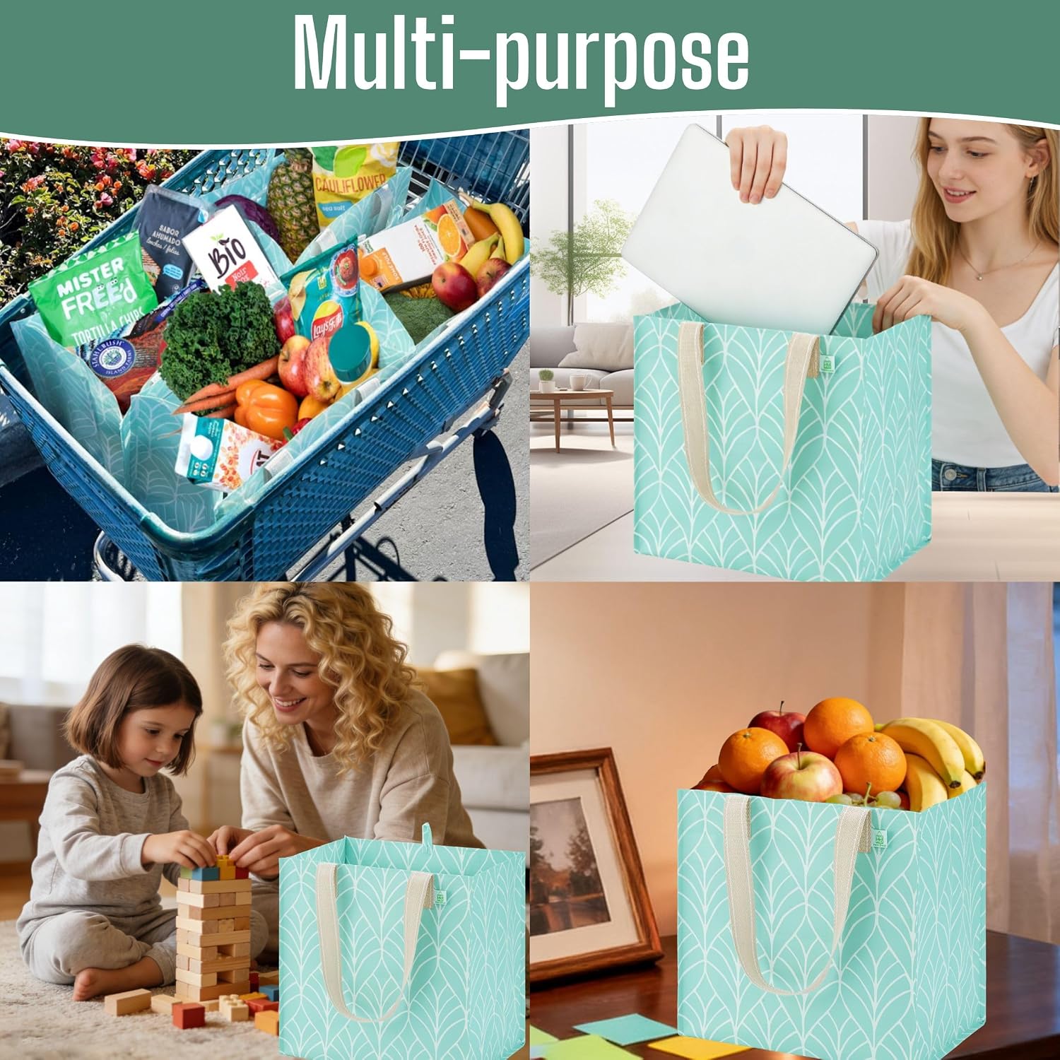 VENO 4 Pack Large Grocery Bag Reusable Shopping Bags with Hard Bottom image 2