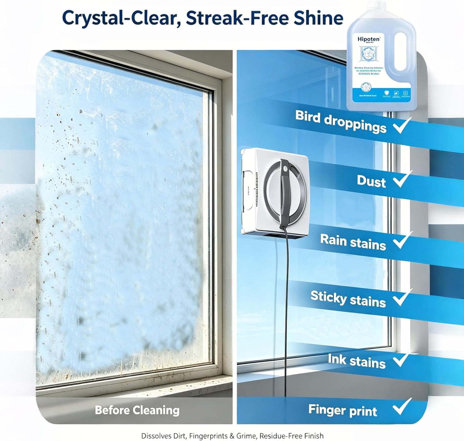 1L Window Cleaning Solution for ECOVACS Winbot W3/W2S/W2 PRO/W1/MINI Series - Streak-Free Glass Cleaner Fluid, Low-Foam, Non-Corrosive Robot Window Washer Liquid for Glass, Mirrors, Tiles