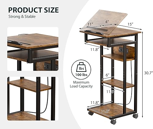 Miniatura 3 de ZIFTY Mesa de sofá con estación de carga y estantes de almacenamiento, mesa auxiliar giratoria de 360 con estantes y ruedas, mesa auxiliar en forma