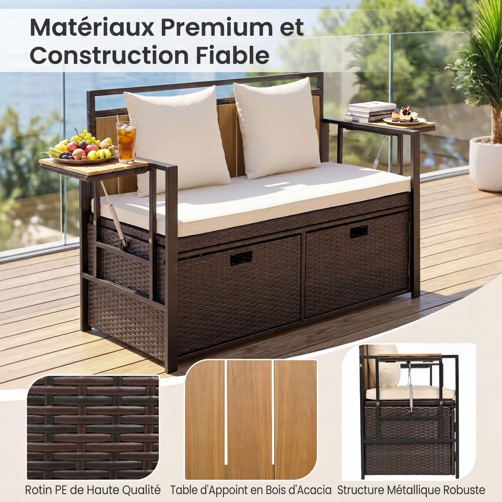 COSTWAY 2 en 1 Banc Coffre Extérieur en Rotin PE, Banc de Jardin 2 Places avec Coussins, Coffre de Rangement 142,5 L, 2 Tables d'Appoint Pliables, Charge 360 kg, pour Terrasse Jardin Balcon (Blanc)