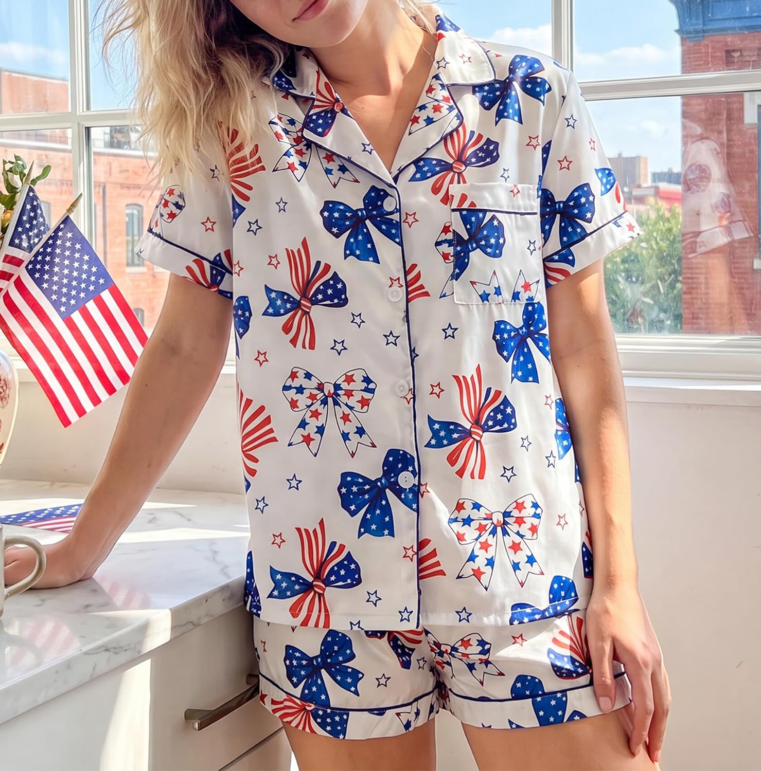 Women's 4th Of July Pajamas Set USA Flag Print Short Sleeve Shirt and Shorts Independence Outfits Summer Lounge Sets