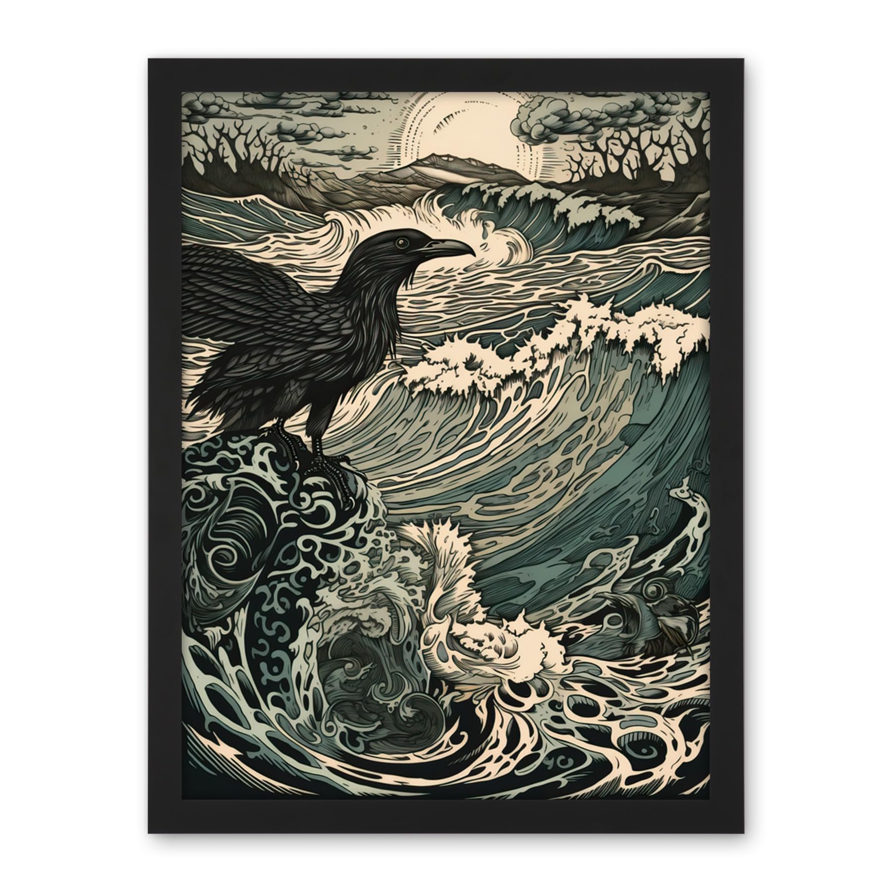 Artery8 Raven and Crashing Waves Coastal Sunrise Landscape Artwork Framed Wall Art Print 18X24 Inch