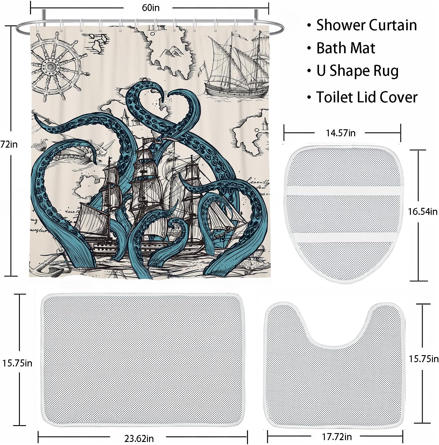 Coxila Vintage Octopus Shower Curtain Set Beige Nautical Funny Ocean Cool Kraken Pirate Ship World Map Toilet Lid Cover U Shaped Bath Mat 4 Pcs Decor Bathroom Non-Slip Rug Fabric Polyester 60x72 Inch