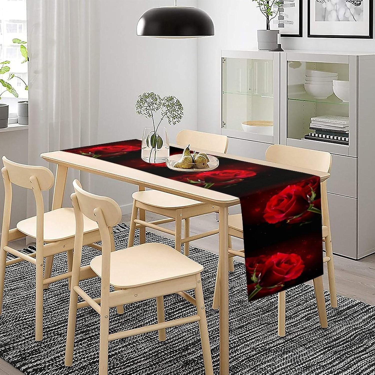 Red Rose Flower Table Runner, Dark Red Floral Romantic Valentine's Day Print Kitchen Dining Table Decoration for Home Party Wedding Decor, 13x120inch