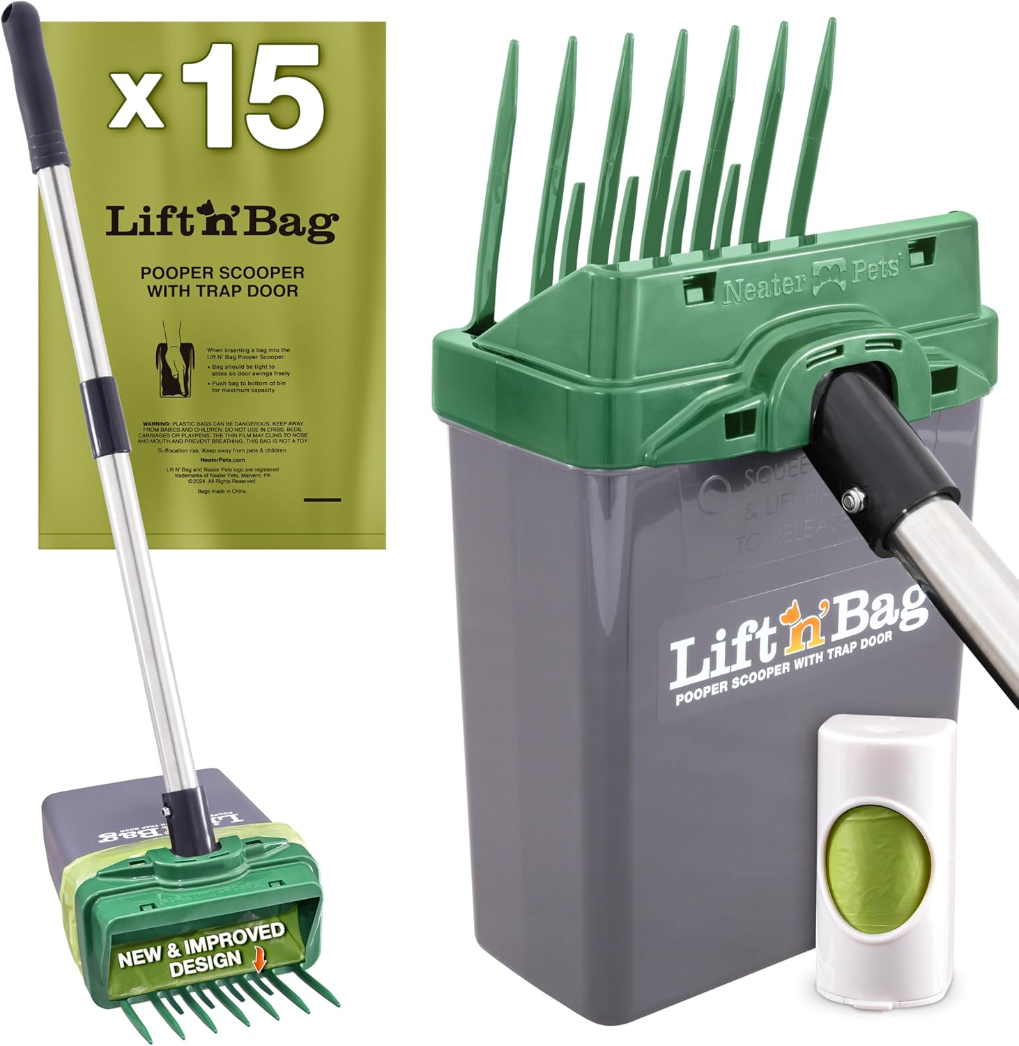 Lift N’ Bag 2.0 Pooper Scooper by NeaterPetBrands: One-Handed Dog Waste Lifter with 22" Pole, Extra Tines, 15 Scented Bags for All Breeds