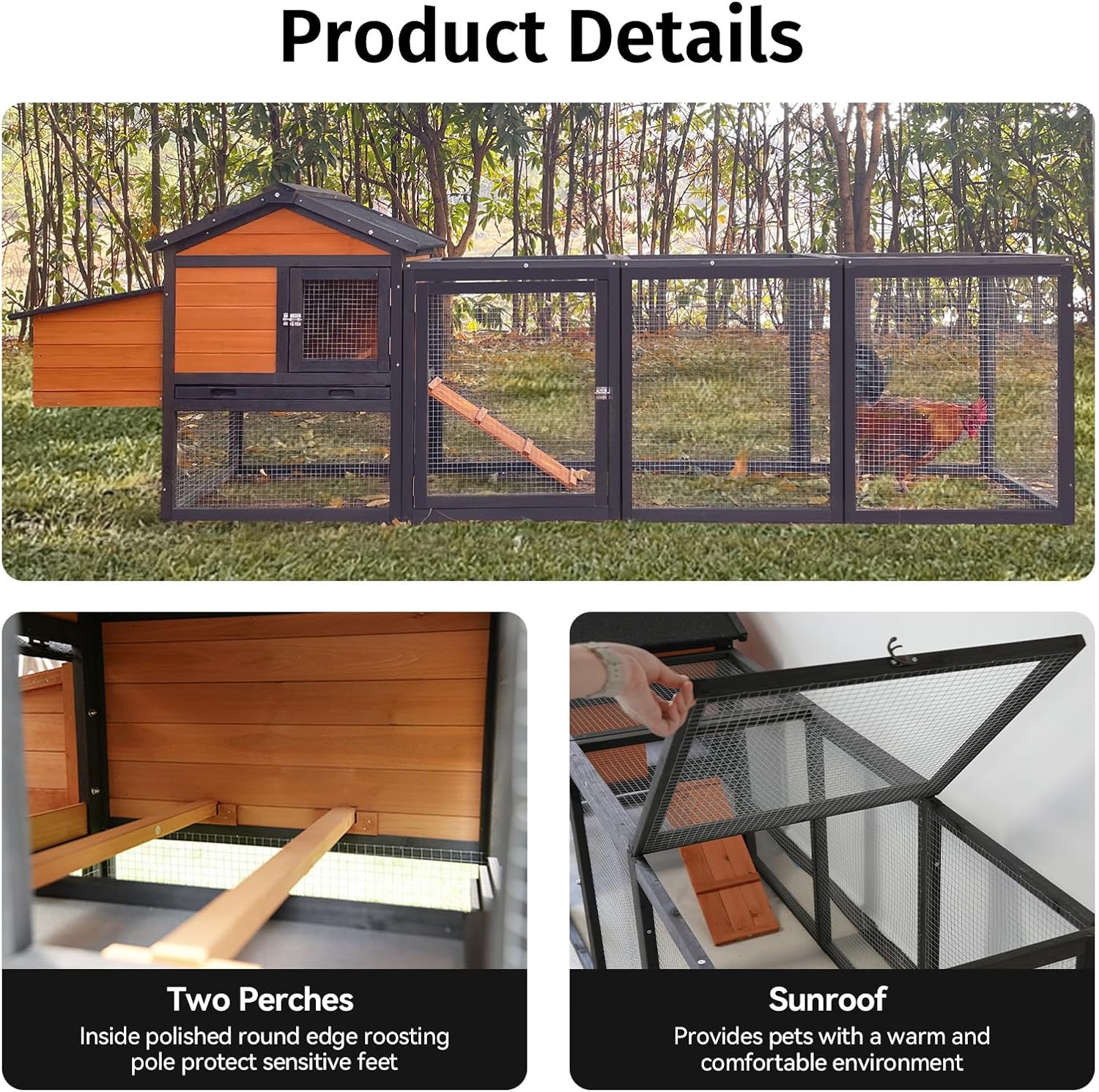 Chicken Coop, Large Wooden Chicken Coop with Nesting Boxes & Run Cage for 2-4 Chickens, Outdoor Hen House Poultry Hutch Rabbit Cage with No-Slip Ramp & Pull-Out Tray for Backyard Farm