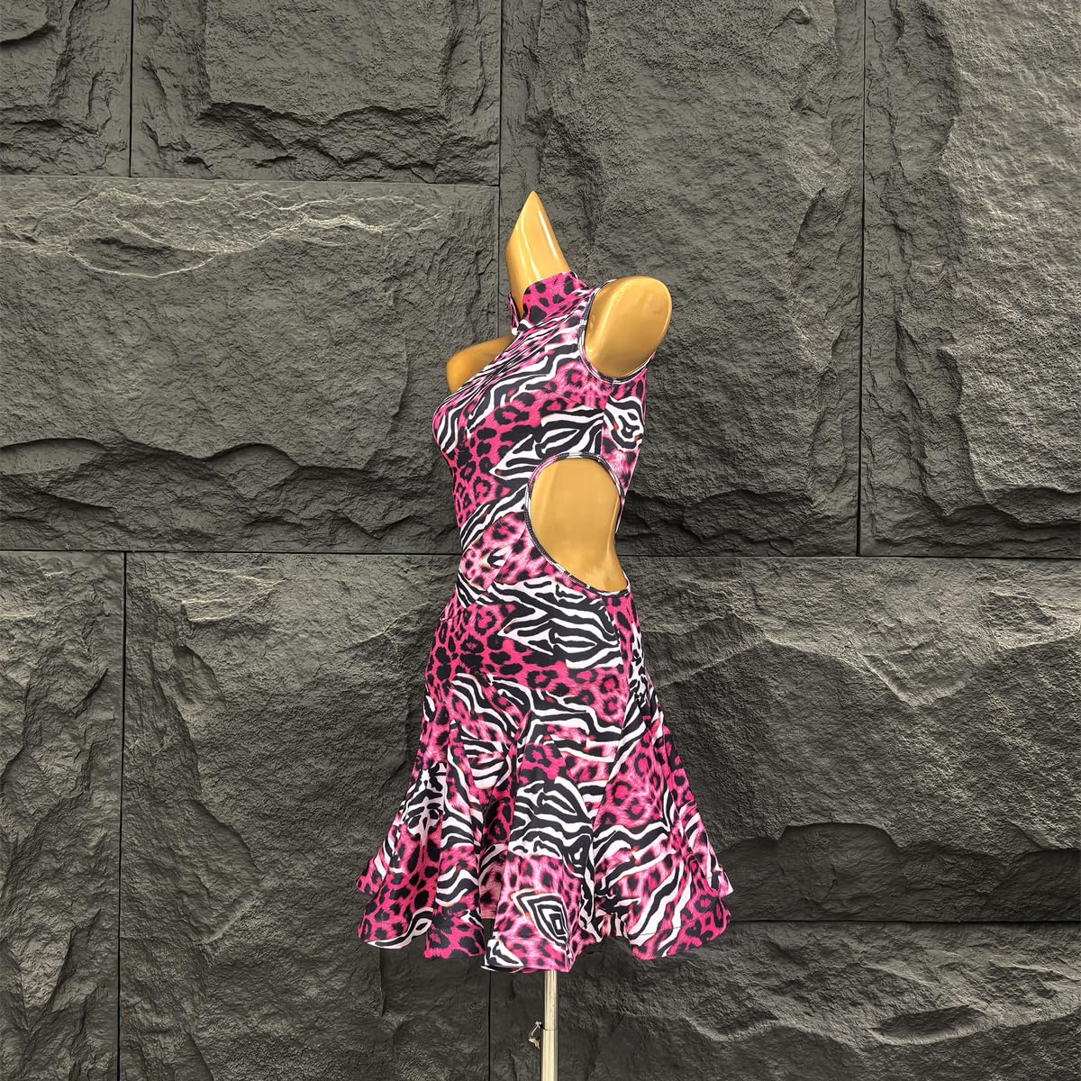 ラテン衣装 三段フリンジ 水玉ラインストーン 吊り紐ワンピース 露背