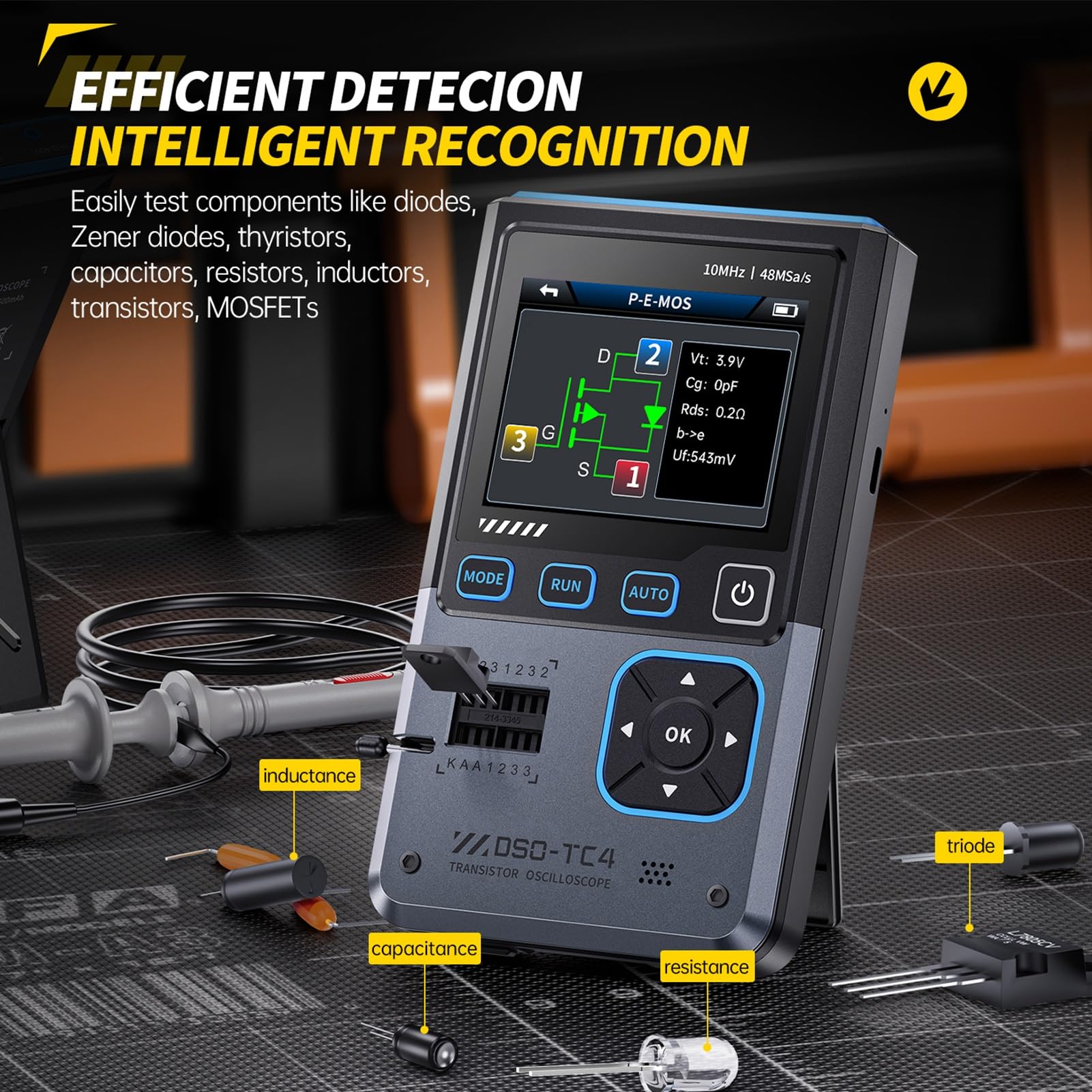 DSO-TC4 Oszilloskop, 3 in 1 Digital Oscilloscope/Transistor Tester/Signal Generator, 10 MHz Bandbreite, 48 MSa/s Abtastrate, mit Überhitzungsschutz