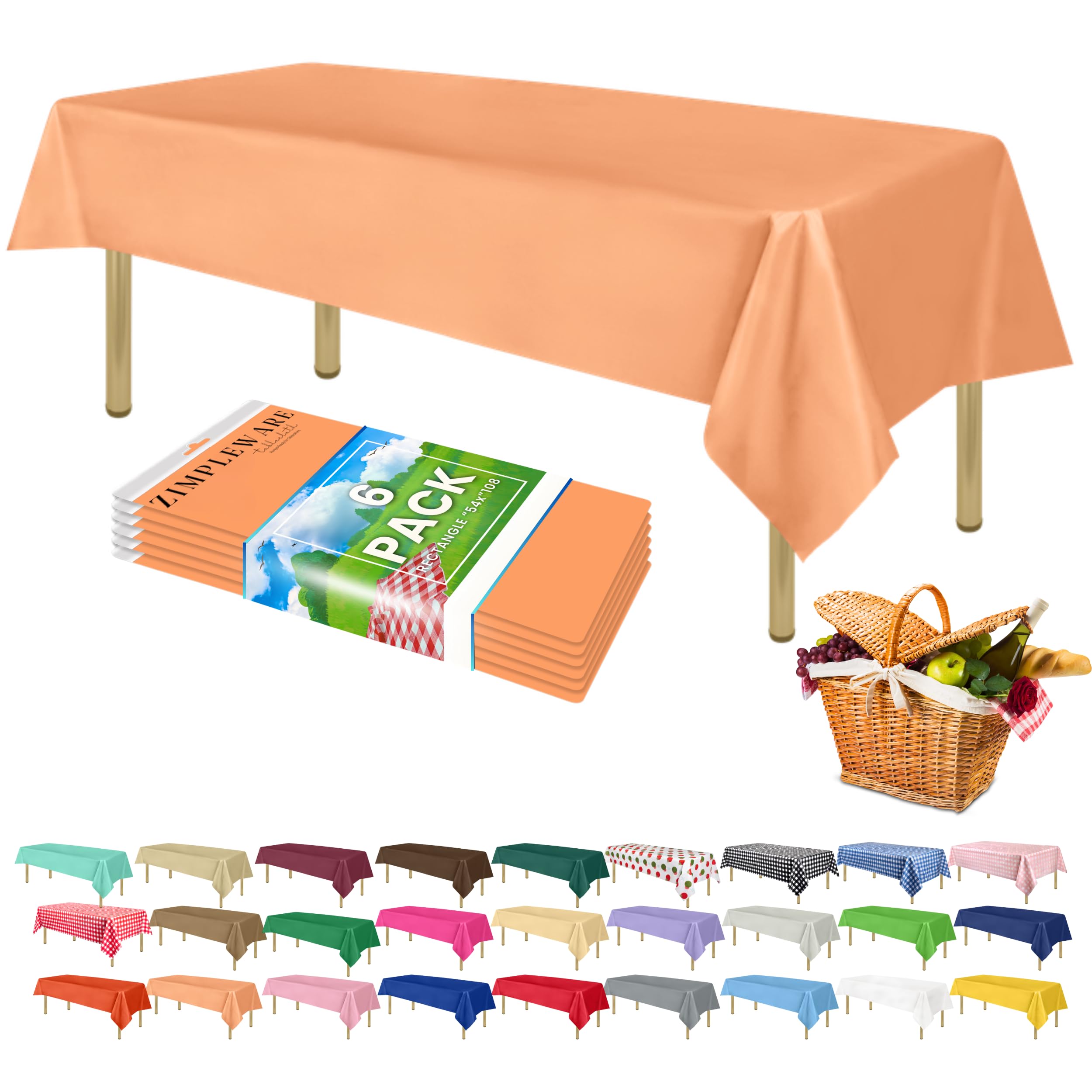 ZIMPLEWARE Premium Peach Plastic Table Cloth Disposable (6 Pk) Plastic Tablecloths for Rectangle Tables (54in x 108in) Party Table Cloths Disposable for 6ft to 8ft Rectangle Tables