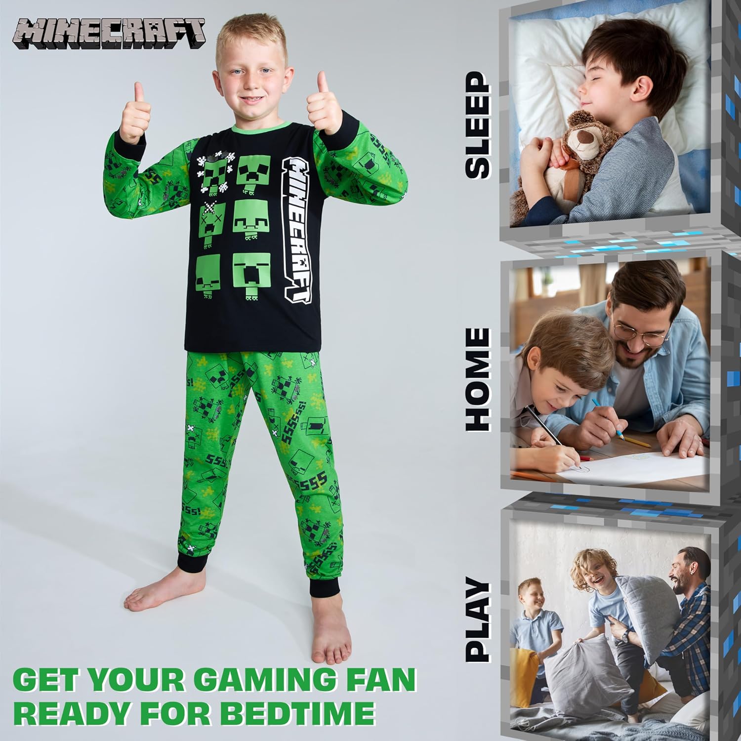 Minecraft 2-Pc Boys Pajama Set with Long Sleeve Cotton T Shirt & PJ Pants, Sleepwear Size 7-14, Creeper Gamer Gifts for Boys - Image 3