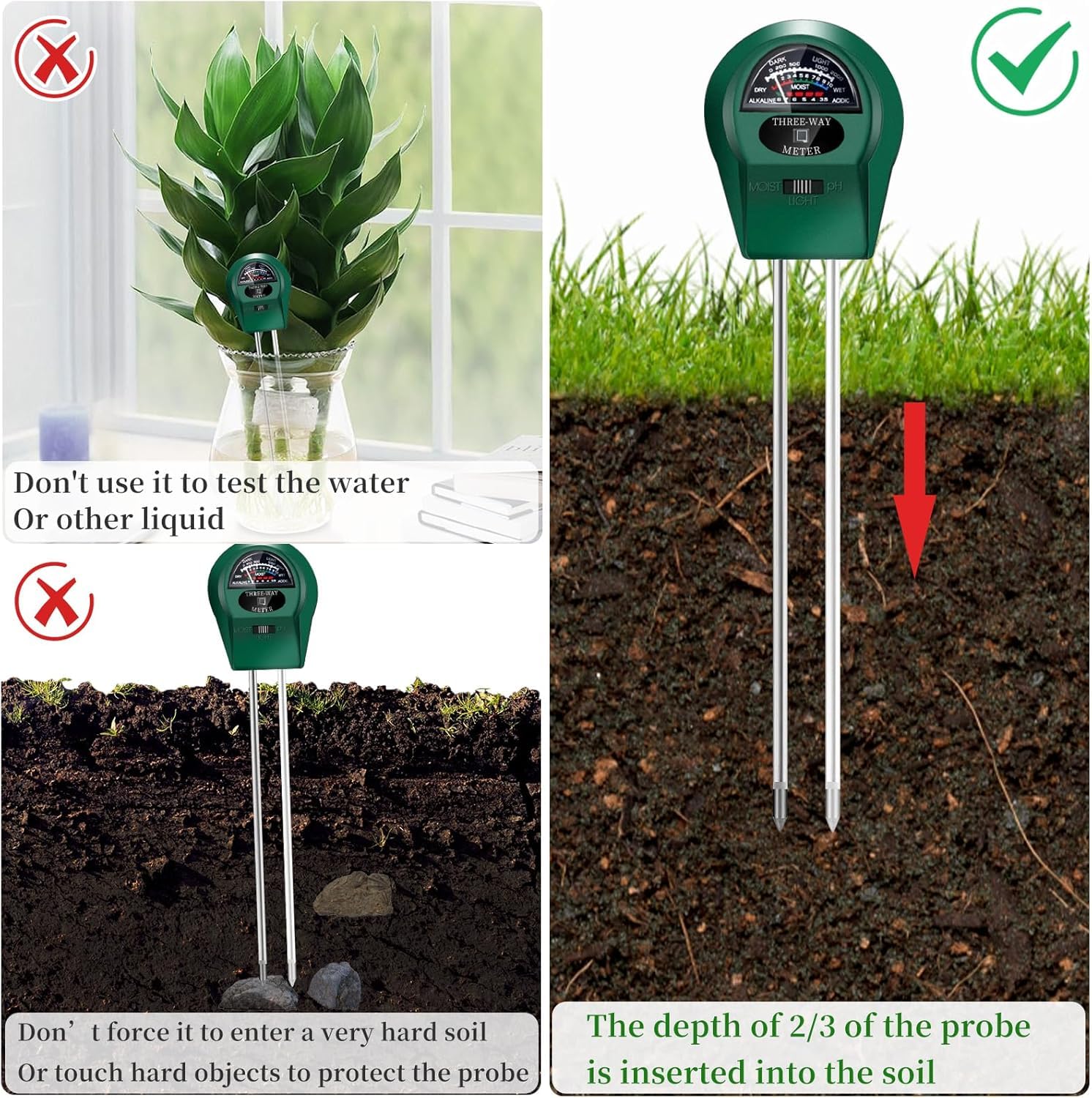 3 en 1 Medidor Humedad Plantas, Medidor PH Tierra, Medidor de Humedad/Luz/PH del Suelo, Medidor de PH de Suelo, Doble Sonda Higrómetro de Suelo, para Plantas de Interior&Exterior,No Necesita Pilas