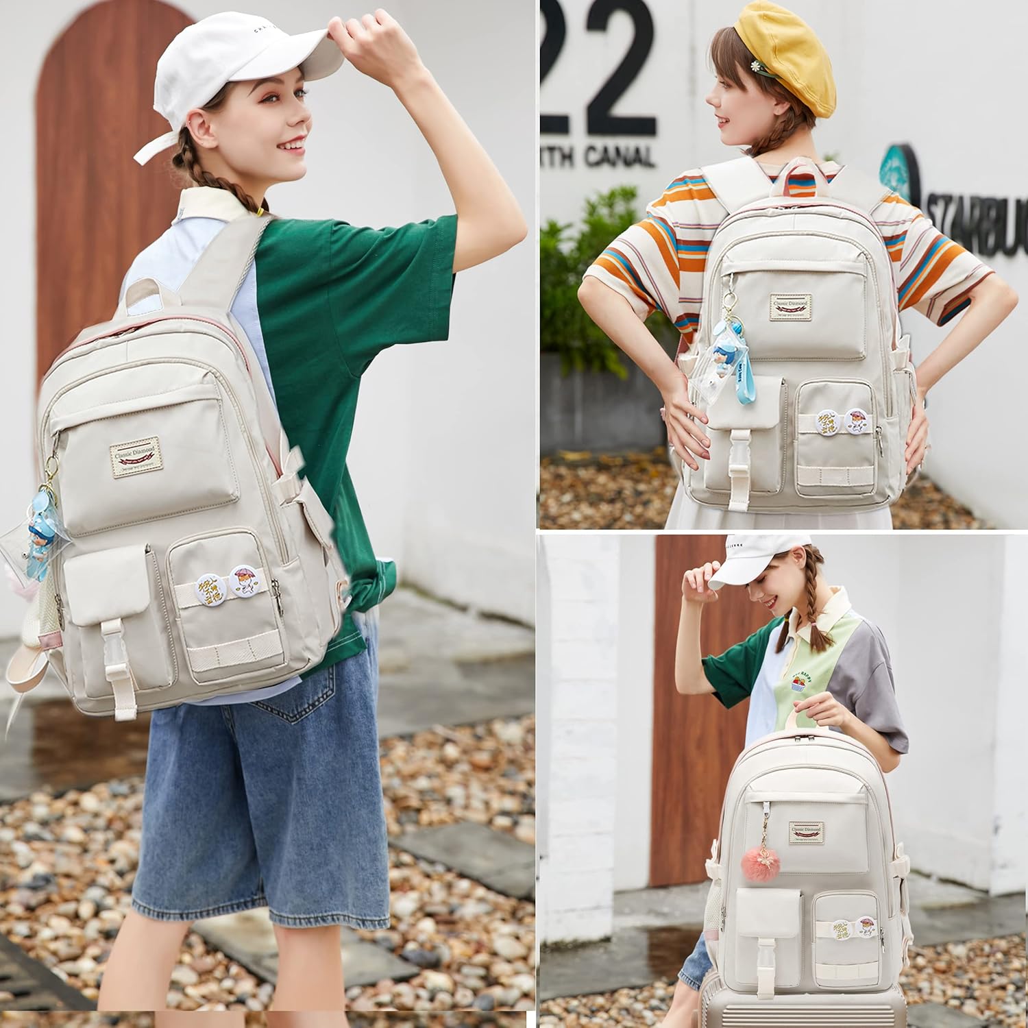 School Backpack for Teen Girls Women College Laptop Backpacks Kids Cute Bookbag Set with Lunch Box Pencil Case Elementary Middle High Campus Bag 3 Pcs Students Bookbags Sets Travel Daypack-Beige - Image 3