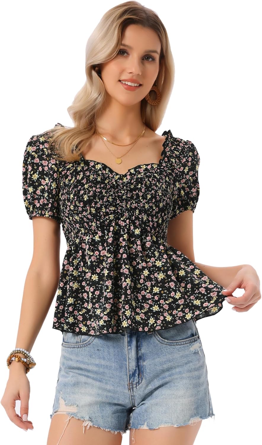 Allegra K Puff Short Sleeve Floral Blouse for Women's Sweetheart Neck Shirred Ruffle Peplum Top