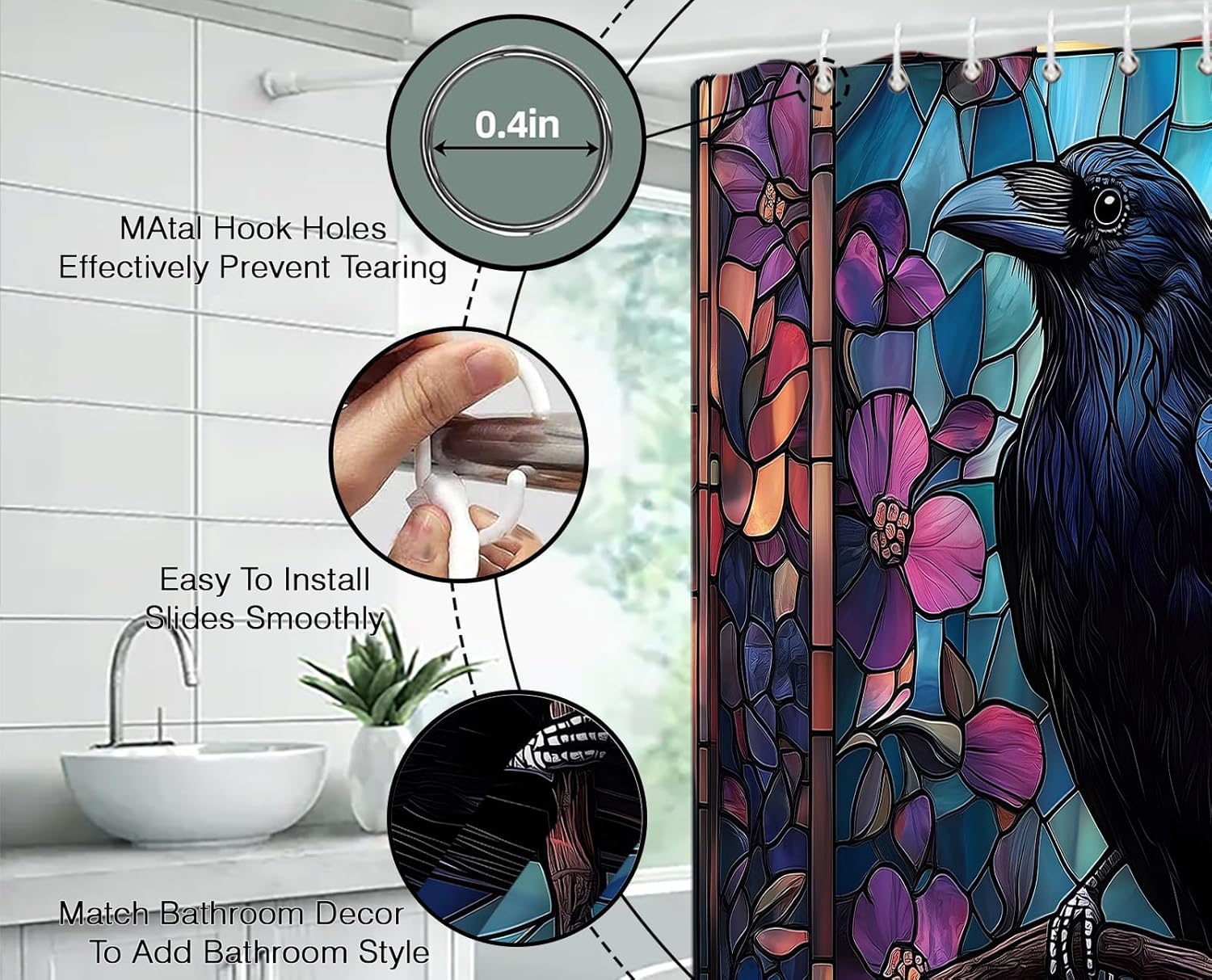 Stained Glass Crow Shower Curtain Halloween Bird Spooky Medieval European Chruch Cathedral Window Gothic 70" Wx78 H Fabric Bathroom Decor Curtain with Hooks