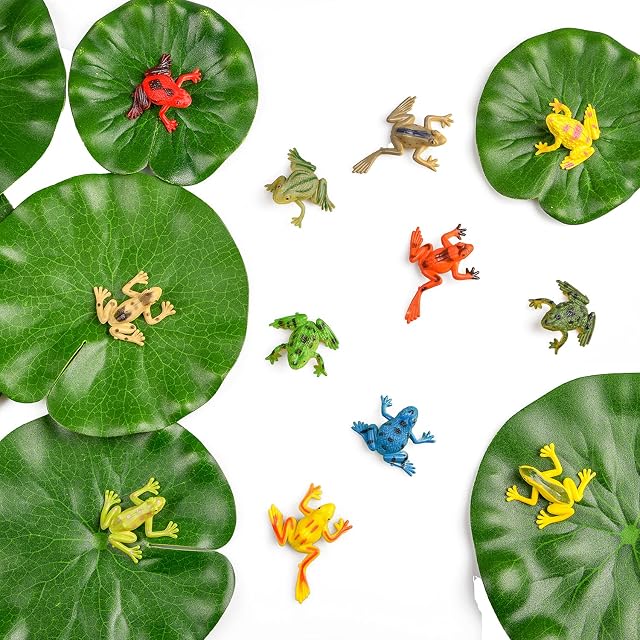Berolle 20 PCS Plastic Frogs Set 12 PCS Plastic Frog Figures Model Colorful Frog 8 PCS Artificial Lotus Leaves Floating Lotus Leaves for Pond Pool Crafts Decoration