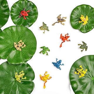 Berolle 20 PCS Plastic Frogs Set 12 PCS Plastic Frog Figures Model Colorful Frog 8 PCS Artificial Lotus Leaves Floating Lotus Leaves for Pond Pool Crafts Decoration