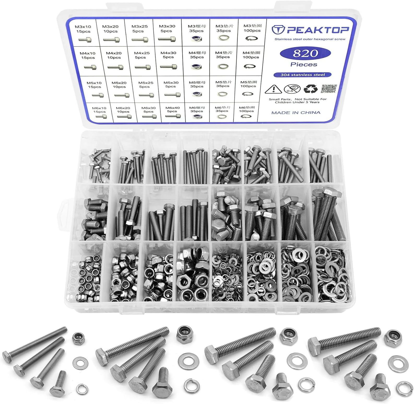 – 820PCS M3/M4/M5/M6 Nut And Bolt Sets, 304 Stainless Steel Hex Bolts Nuts Washers, Bolts and Nuts Assortment for Bicycle Motorcycle Machine Repair Fastening Accessories