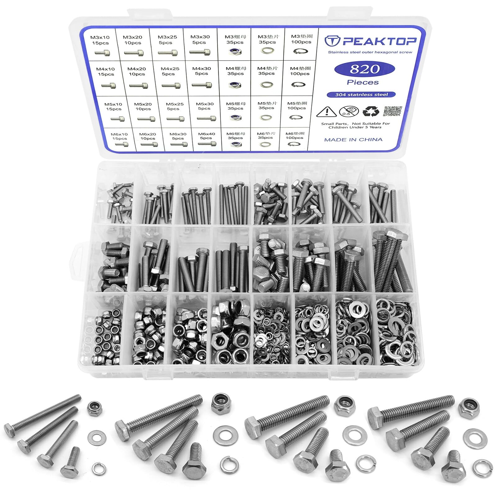 820PCS M3/M4/M5/M6 Nut And Bolt Sets, 304 Stainless Steel Hex Bolts Nuts Washers, Bolts and Nuts Assortment for Bicycle Motorcycle Machine Repair Fastening Accessories
